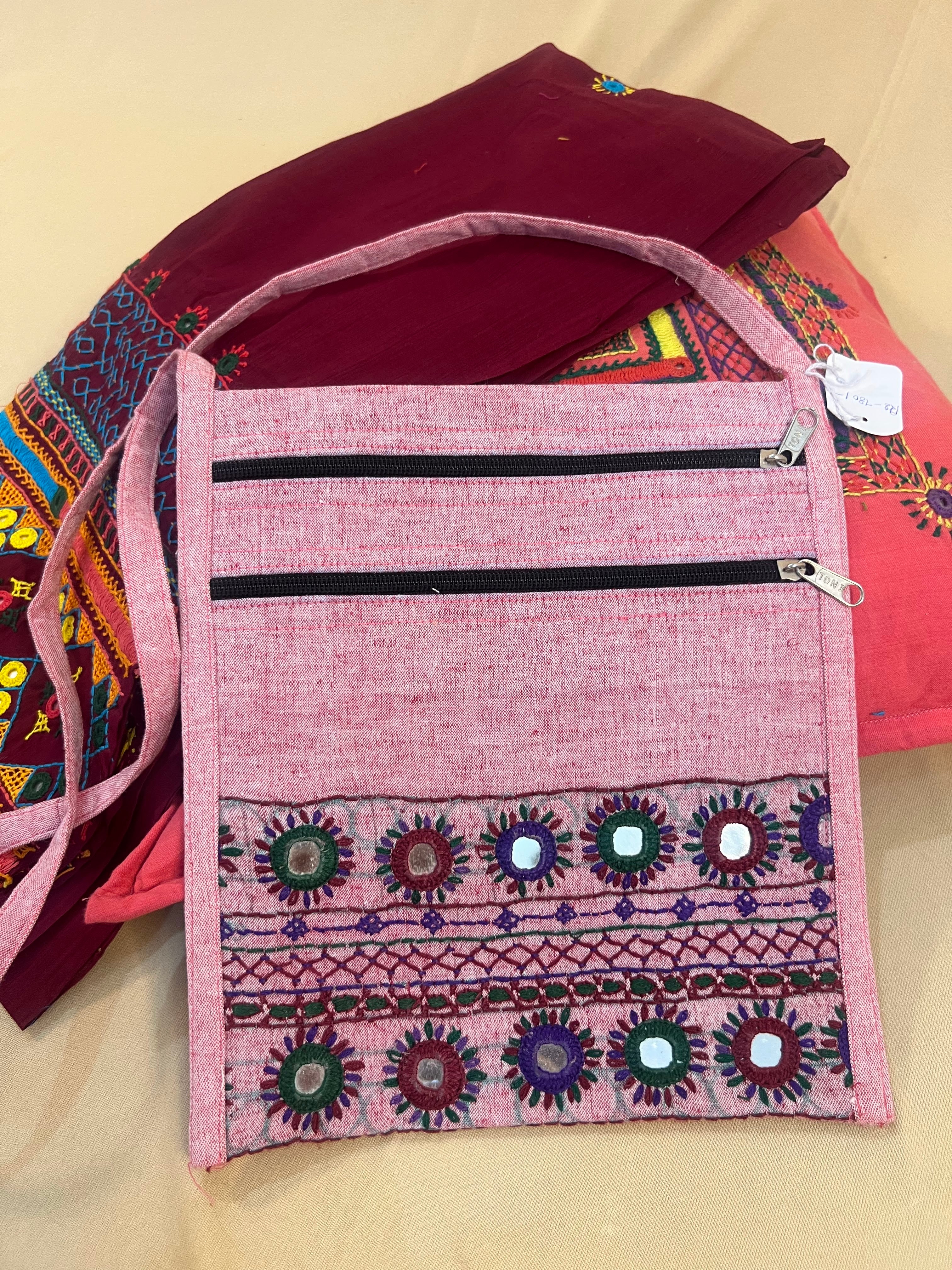 Blush Pink Handloom Cotton Sling Bag with Lambani Embroidery