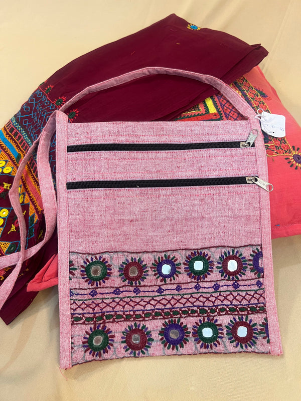 Blush Pink Handloom Cotton Sling Bag with Lambani Embroidery
