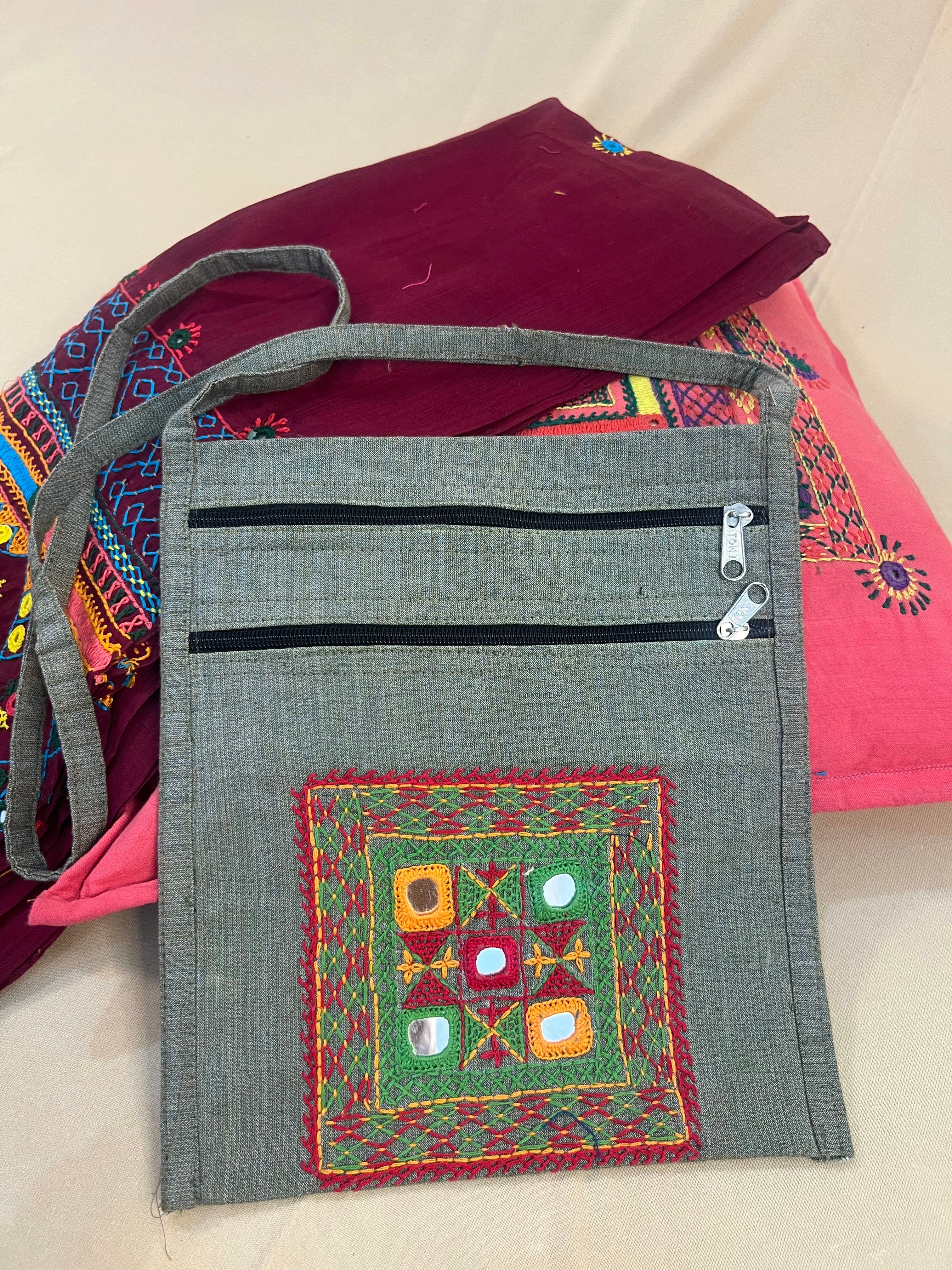 Ash Grey Handloom Cotton Sling Bag with Geometric Lambani Embroidery