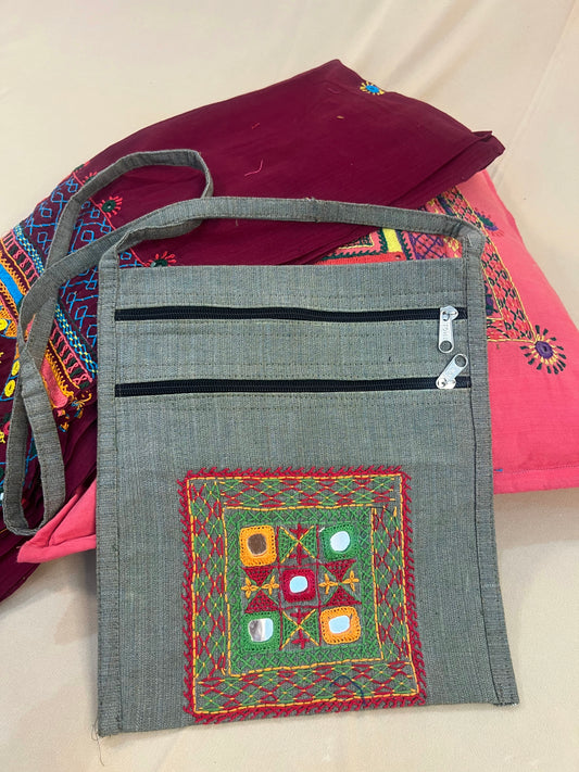Ash Grey Handloom Cotton Sling Bag with Geometric Lambani Embroidery