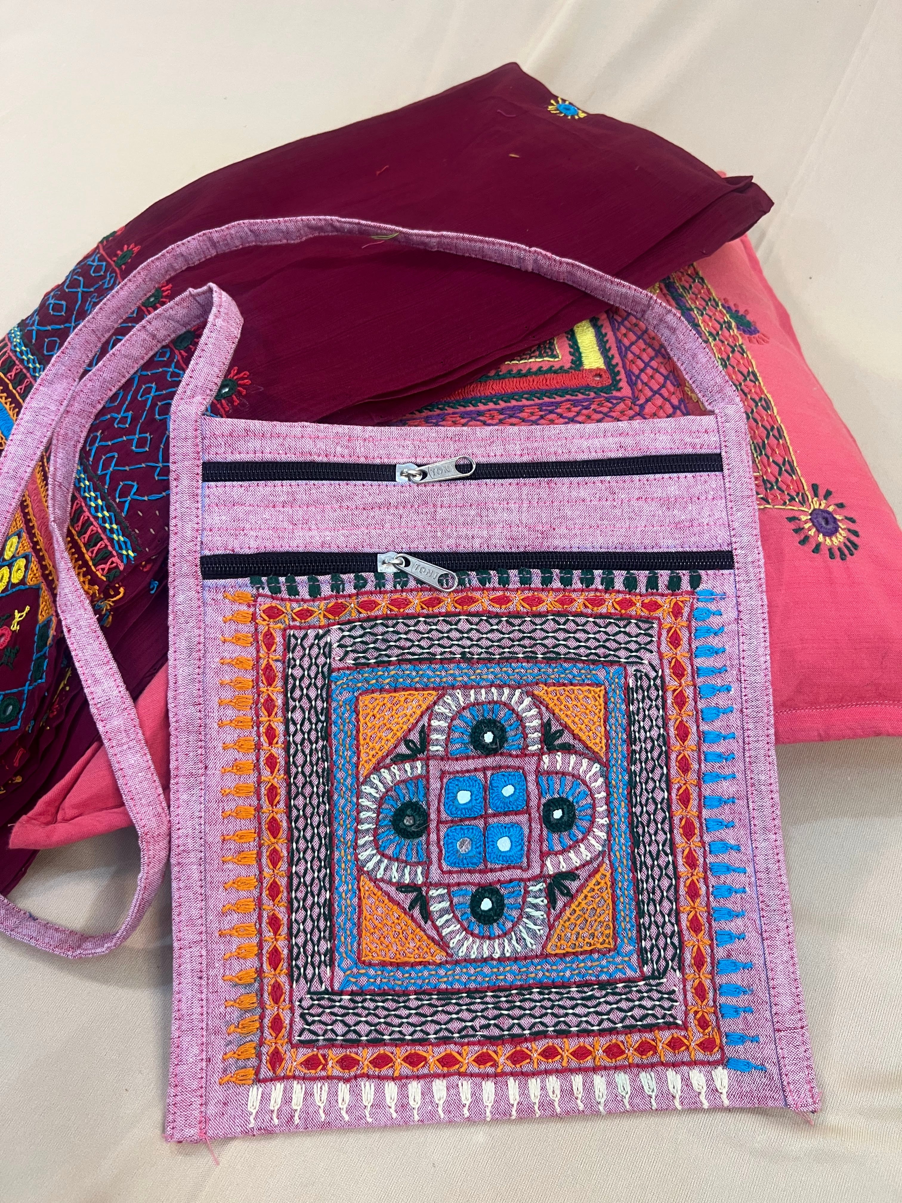 Blush Pink Handloom Cotton Sling Bag with Tribal Lambani Embroidery
