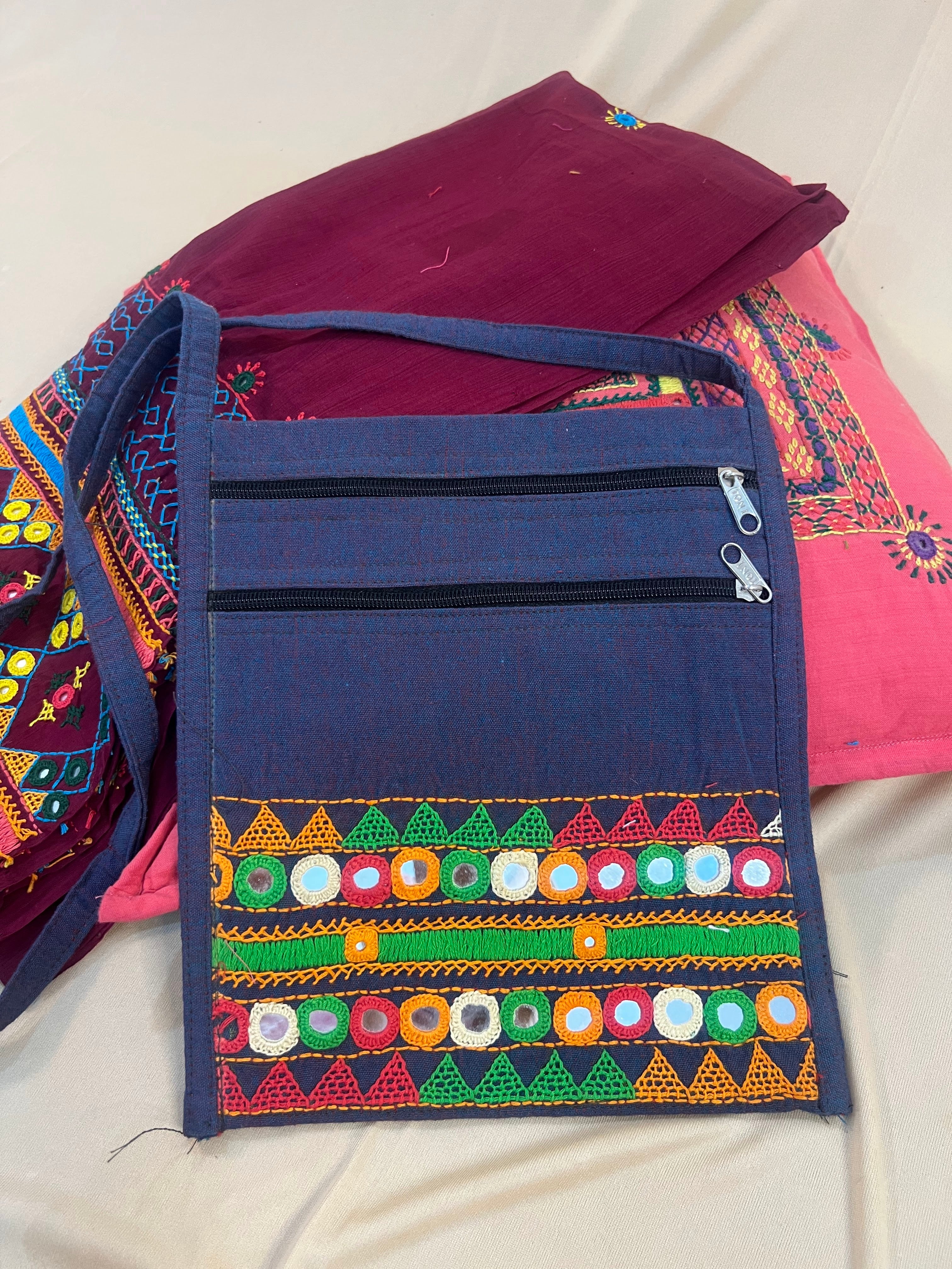 Indigo Blue Handloom Cotton Sling Bag with Lambani Embroidery