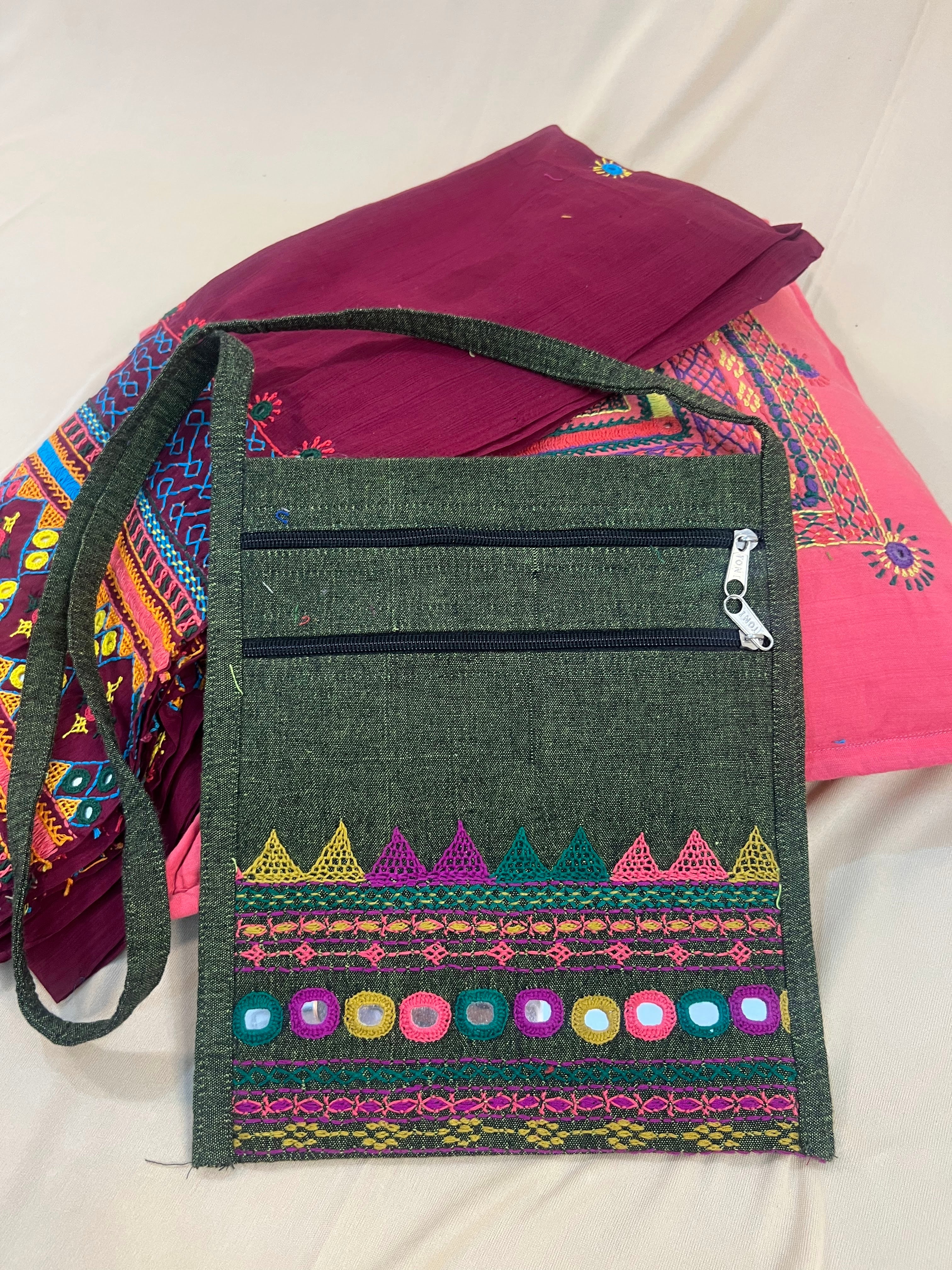Charcoal Grey Handloom Cotton Sling Bag with Lambani Embroidery