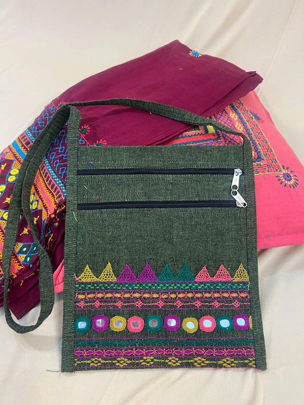 Charcoal Grey Handloom Cotton Sling Bag with Lambani Embroidery