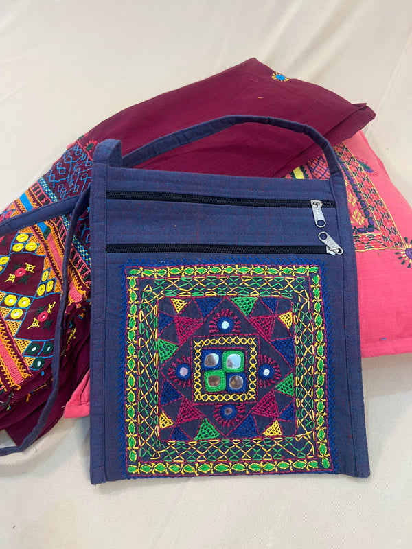 Indigo Blue Handloom Cotton Sling Bag with Mirror Lambani Embroidery