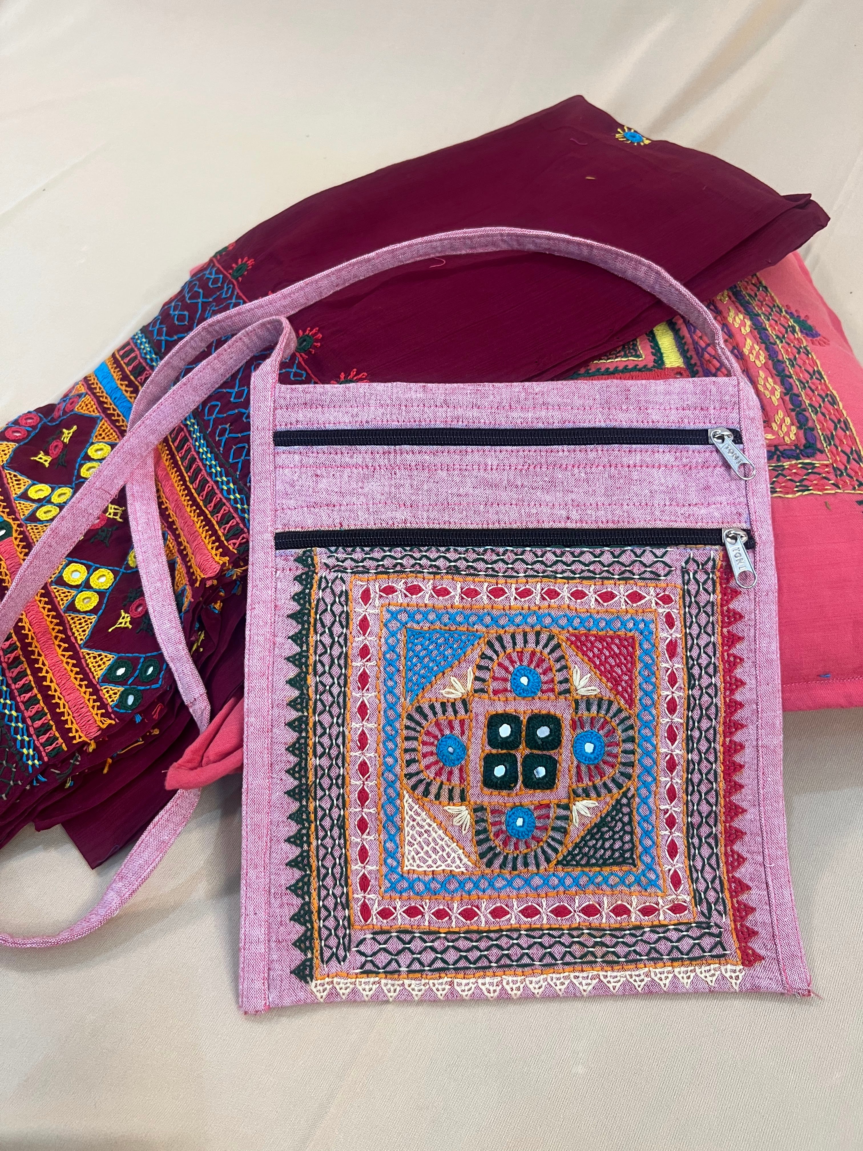 Blush Pink Handloom Cotton Sling Bag with Heritage Lambani Embroidery