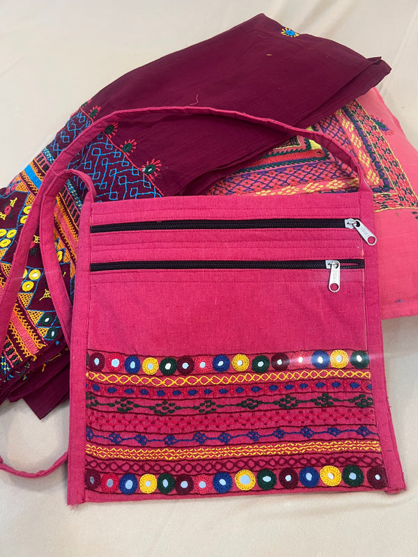 Rani Pink Handloom Cotton Sling Bag with Lambani Embroidery