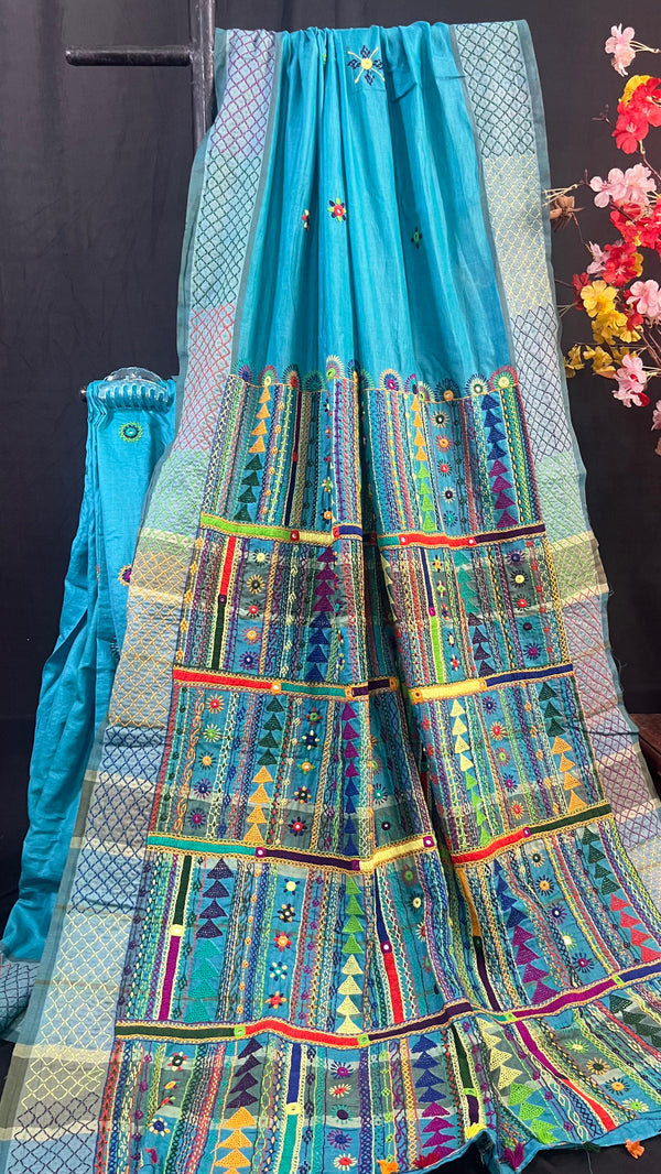 Handmade Lambani Embroidered Pure Tussar Saree with Running Blouse Piece
