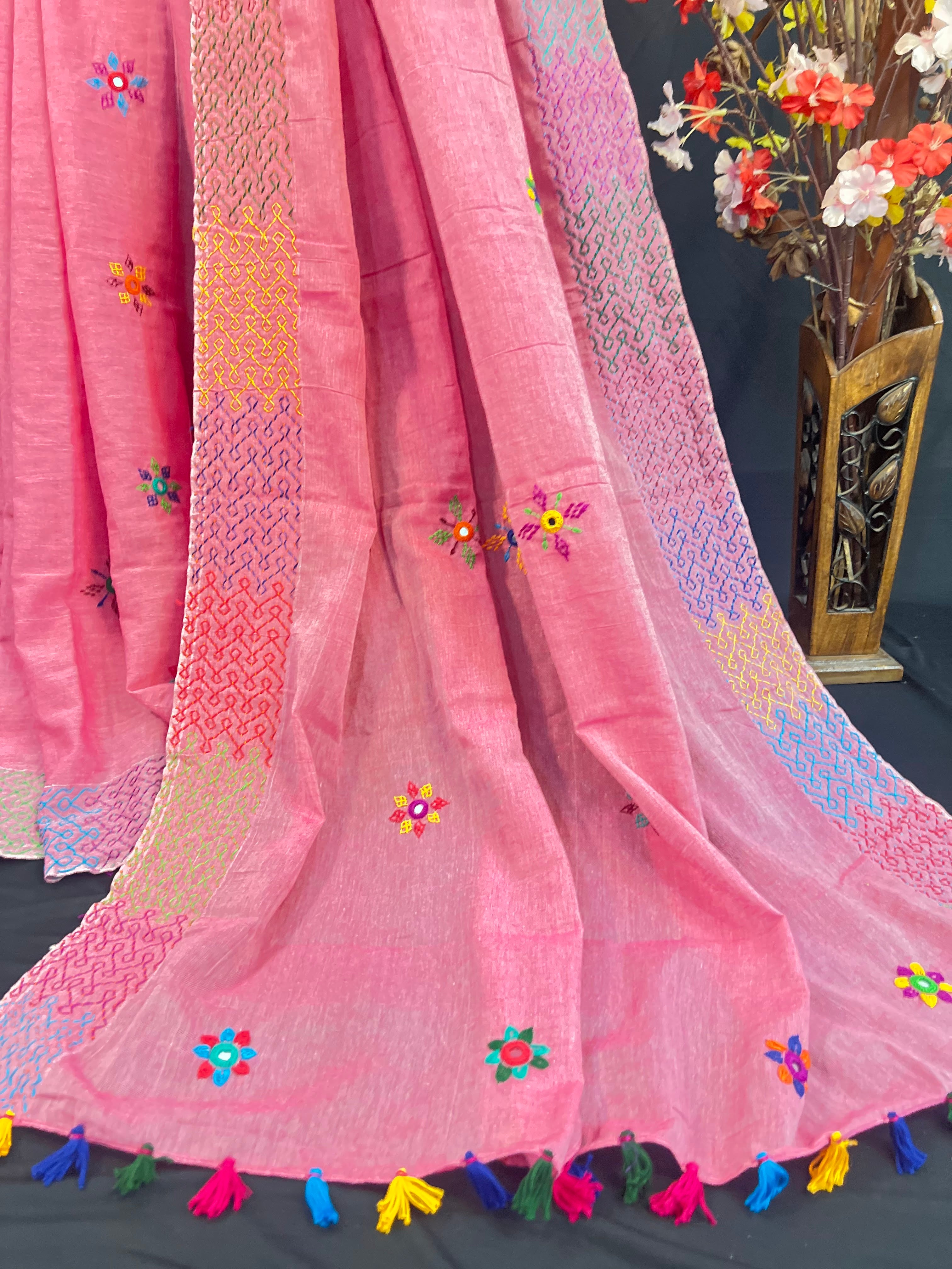 Blush Pink Lambani Embroidered Soft Cotton Saree with Multicolor Tassels