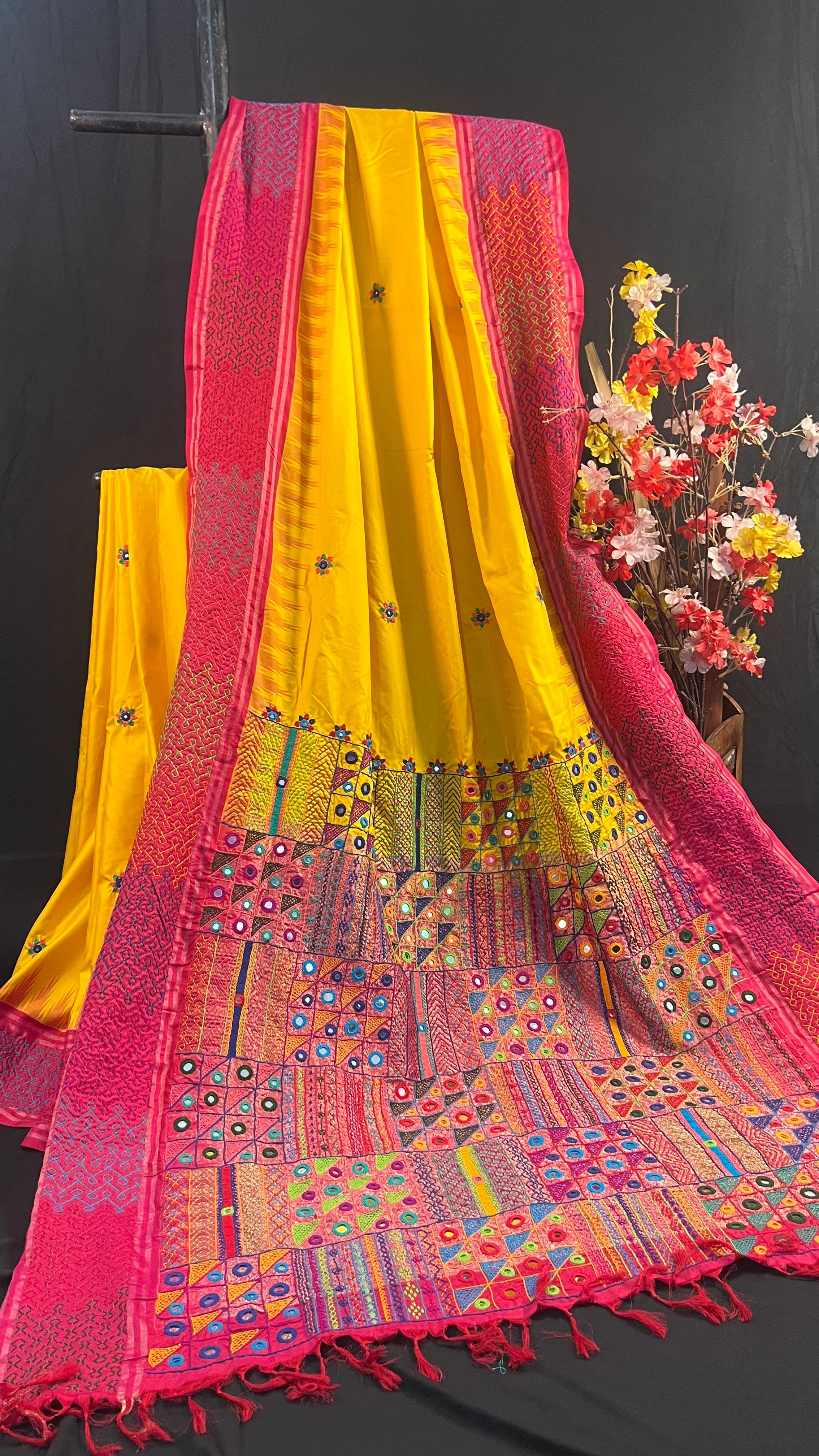 Bright Yellow & Rani Pink Heavy Embroidered Saree Molakalmuru Silk Lambani Saree