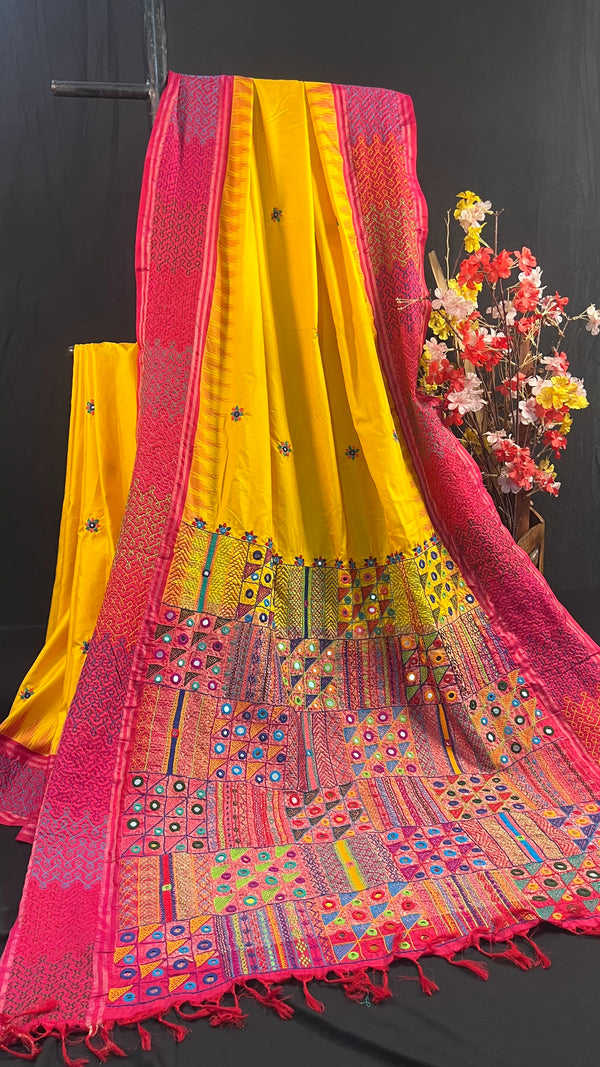 Bright Yellow & Rani Pink Heavy Embroidered Saree Molakalmuru Silk Lambani Saree