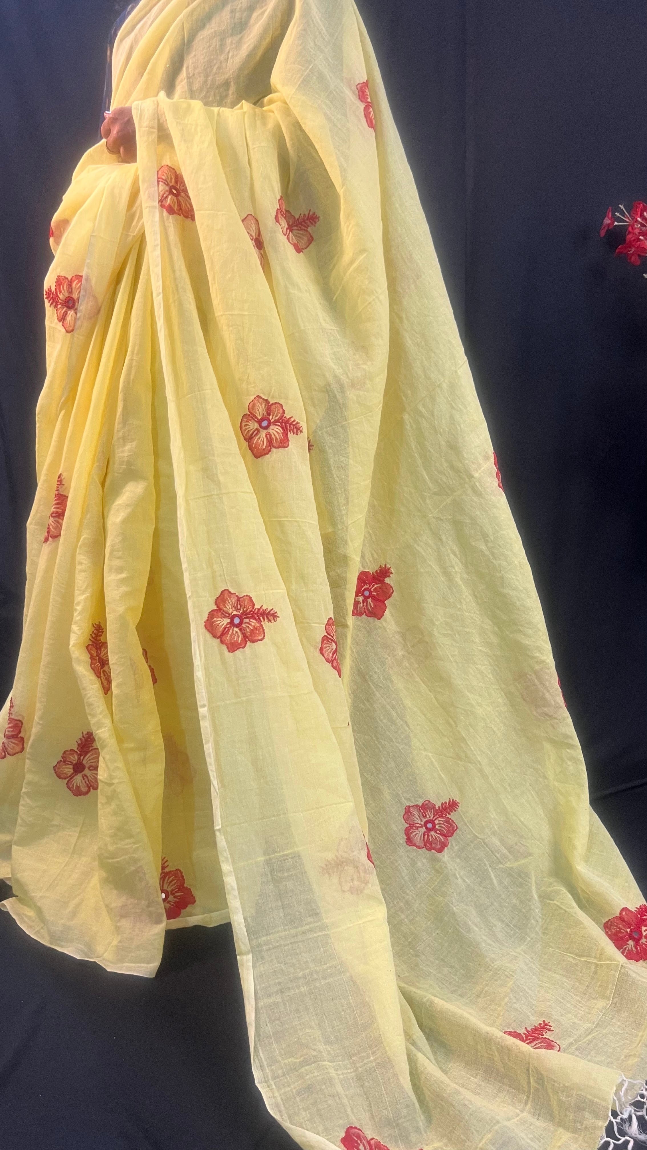 Butter Yellow Soft Cotton Saree with Floral Mirror Work Embroidery