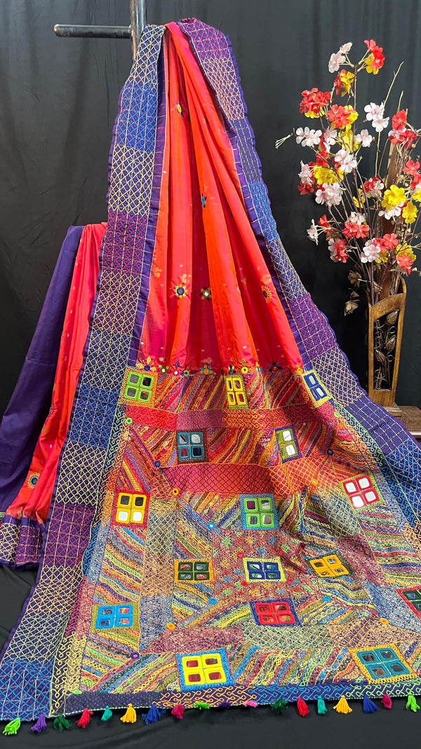 Coral Orange & Royal Purple with Mirror Embroidered Pallu Molakalmuru Silk Lambani Saree