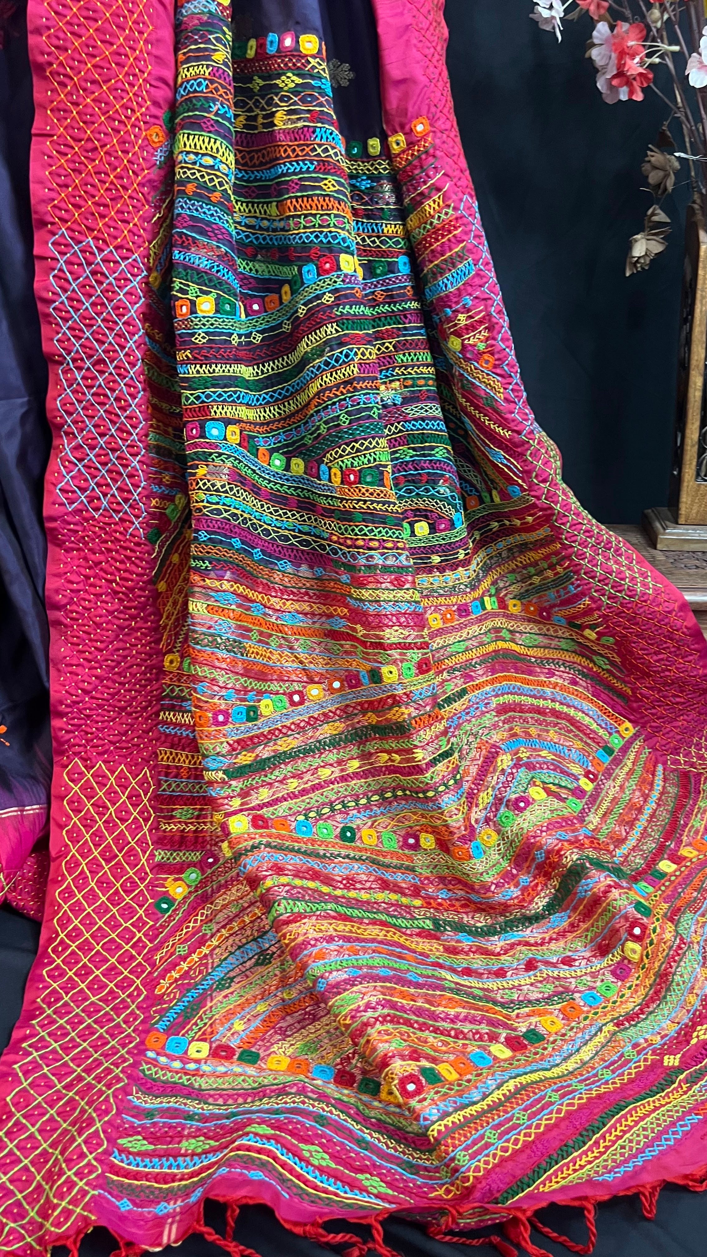 Deep Plum & Rani Pink Molakalmuru Silk Lambani Saree
