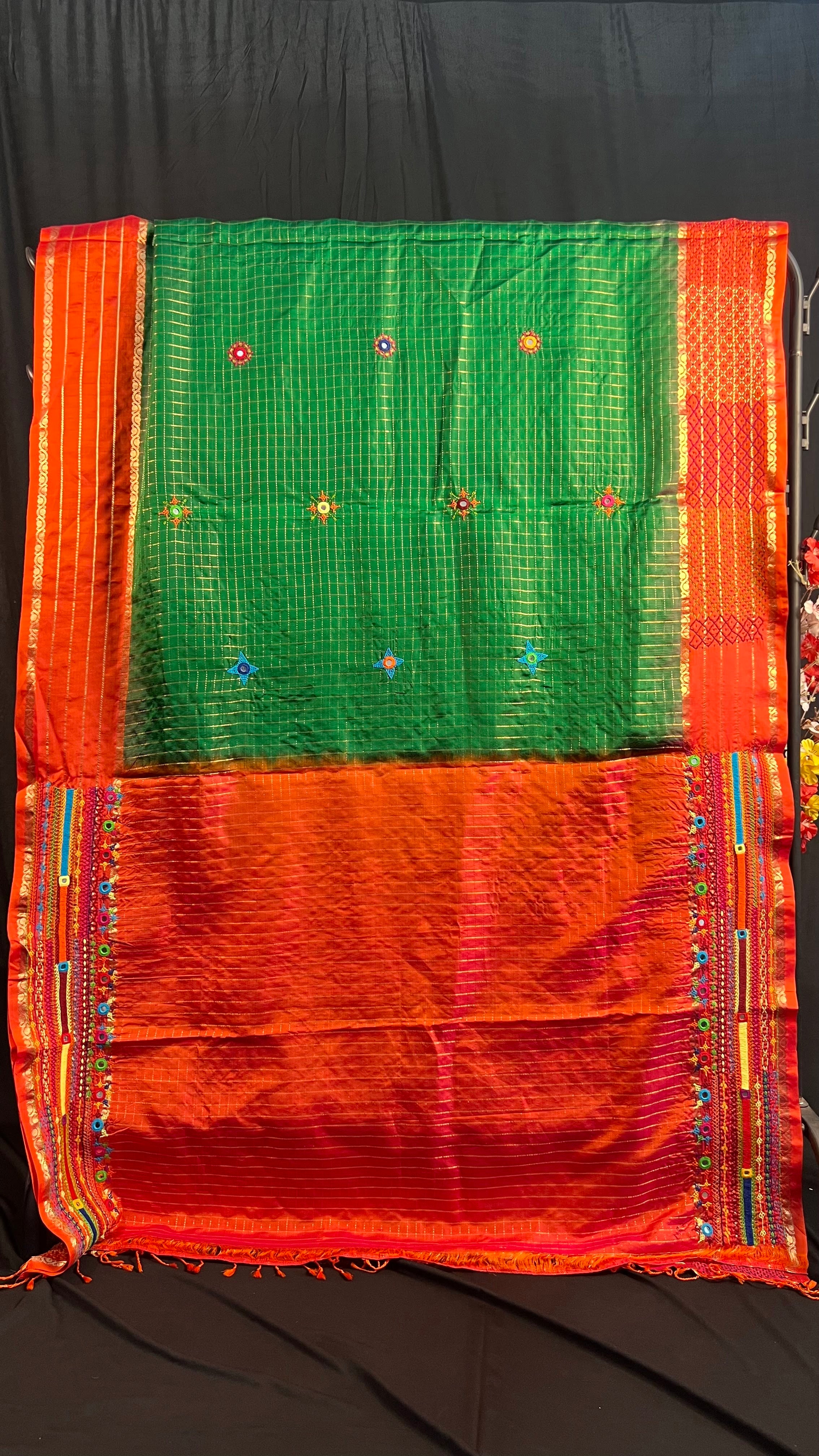 Emerald Green & Burnt Orange Molakalmuru Lambani Saree