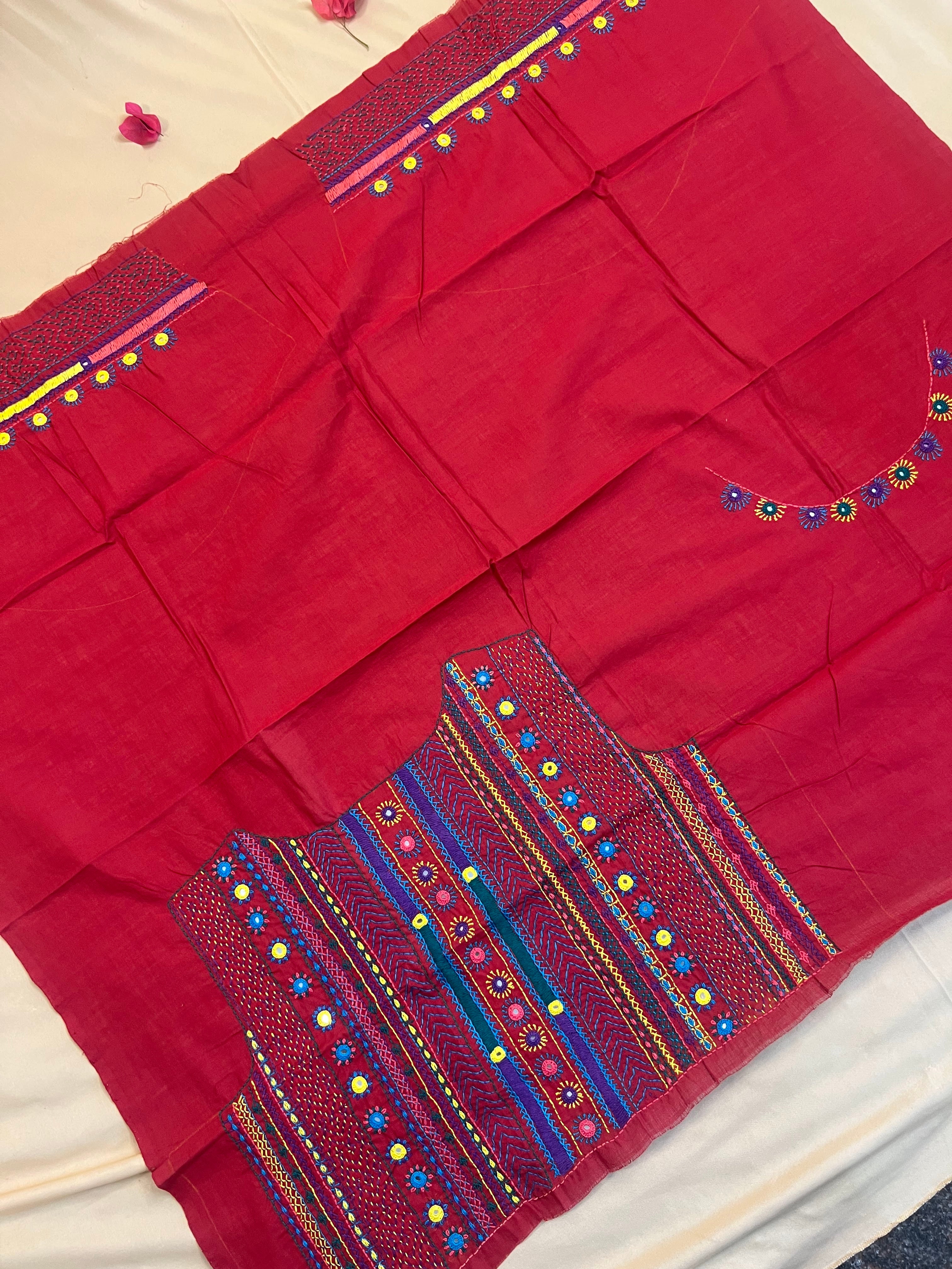 Bright Red Festive Statement Design Handloom Mangalagiri Cotton Lambani Embroidered Blouse Piece (Unstitched)