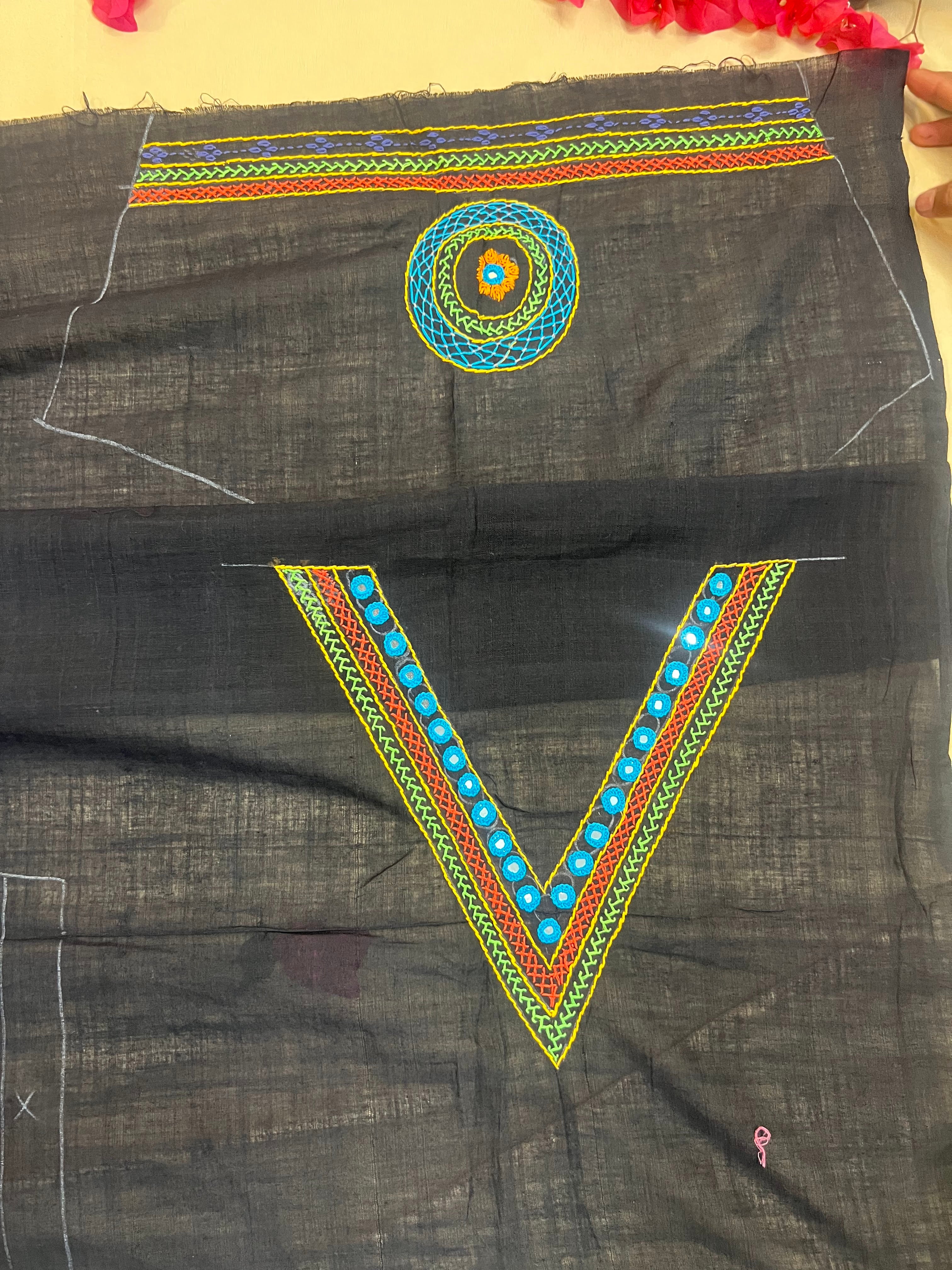 Charcoal Black Multicolor Neck Design  Handloom Mangalagiri Cotton Lambani Embroidered Blouse Piece (Unstitched)