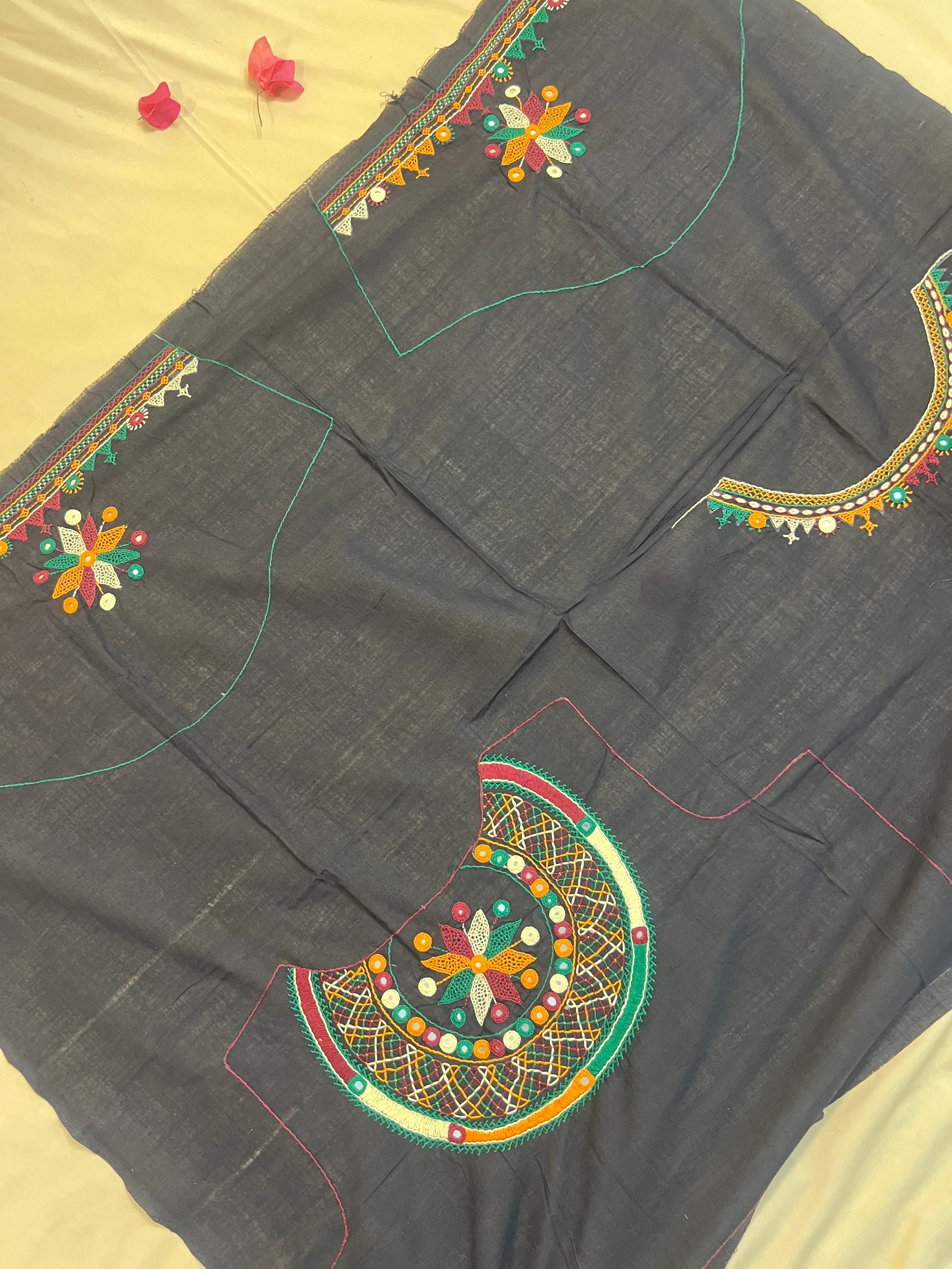 Charcoal Grey Festive Design Handloom Mangalagiri Cotton Lambani Embroidered Blouse Piece (Unstitched)