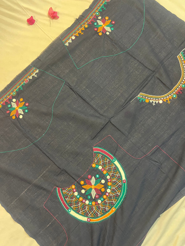 Charcoal Grey Festive Design Handloom Mangalagiri Cotton Lambani Embroidered Blouse Piece (Unstitched)