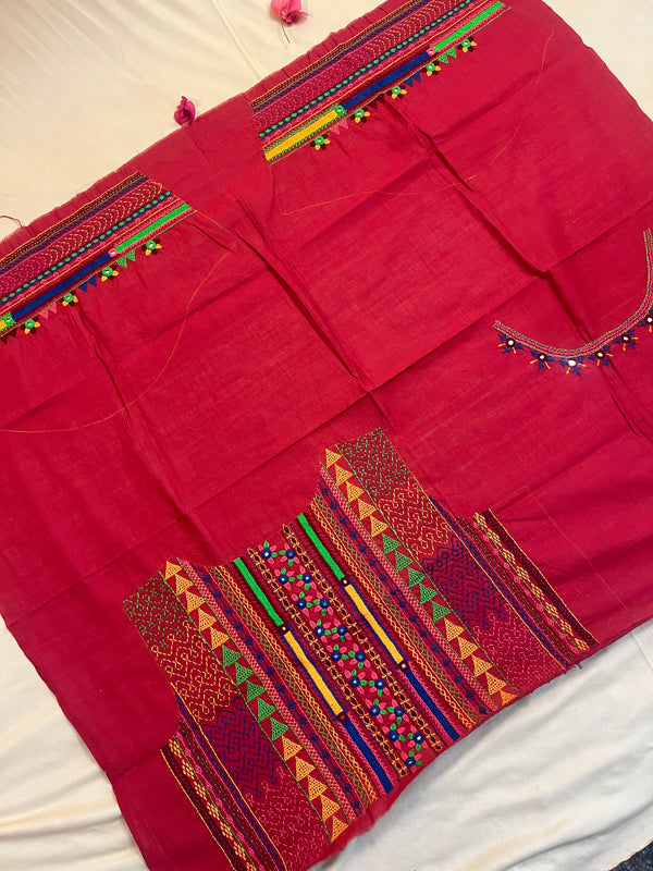 Deep Red Festive Statement Design Handloom Mangalagiri Cotton Lambani Embroidered Blouse Piece (Unstitched)