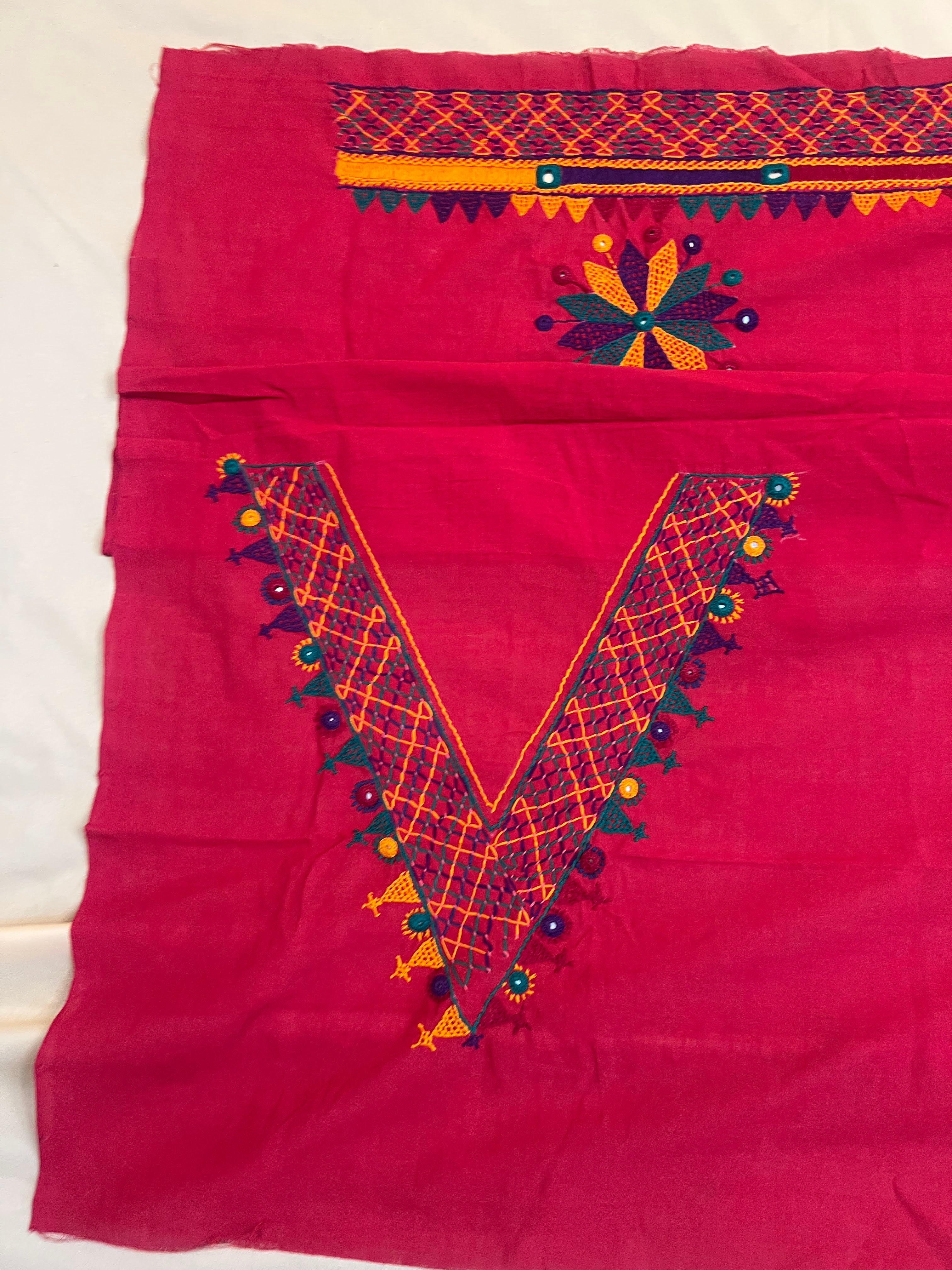 Deep Red Multicolor Motif Handloom Mangalagiri Cotton Lambani Embroidered Blouse Piece (Unstitched)