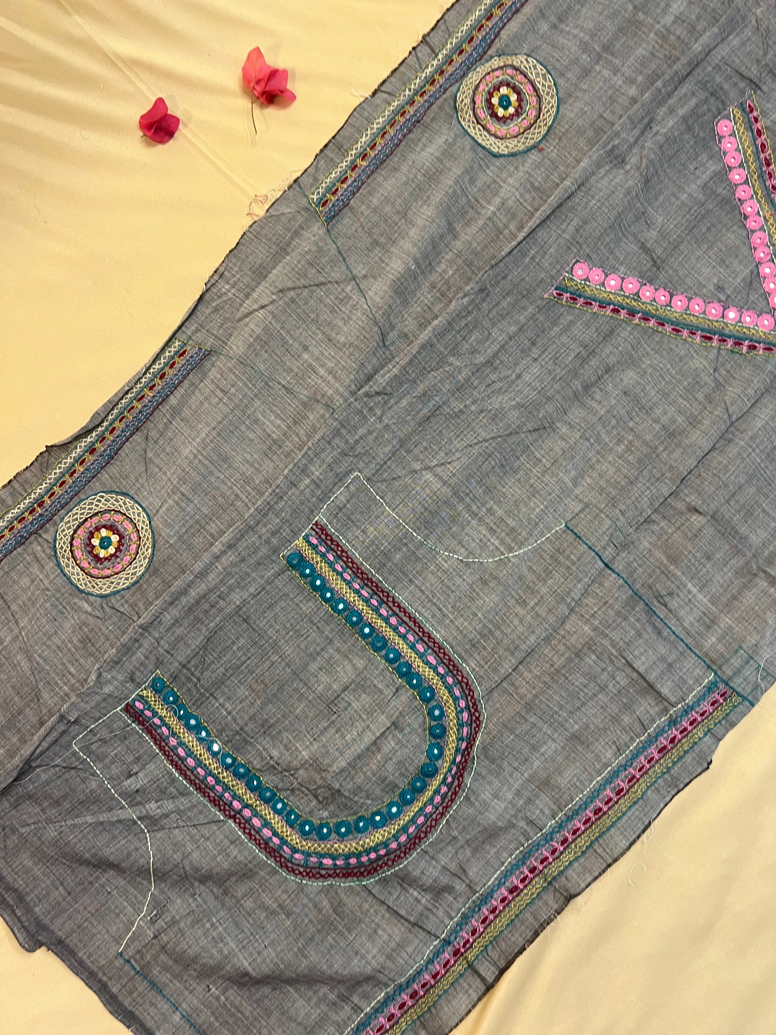 Grey Minimal Motif Design Handloom Mangalagiri Cotton Lambani Embroidered Blouse Piece (Unstitched)