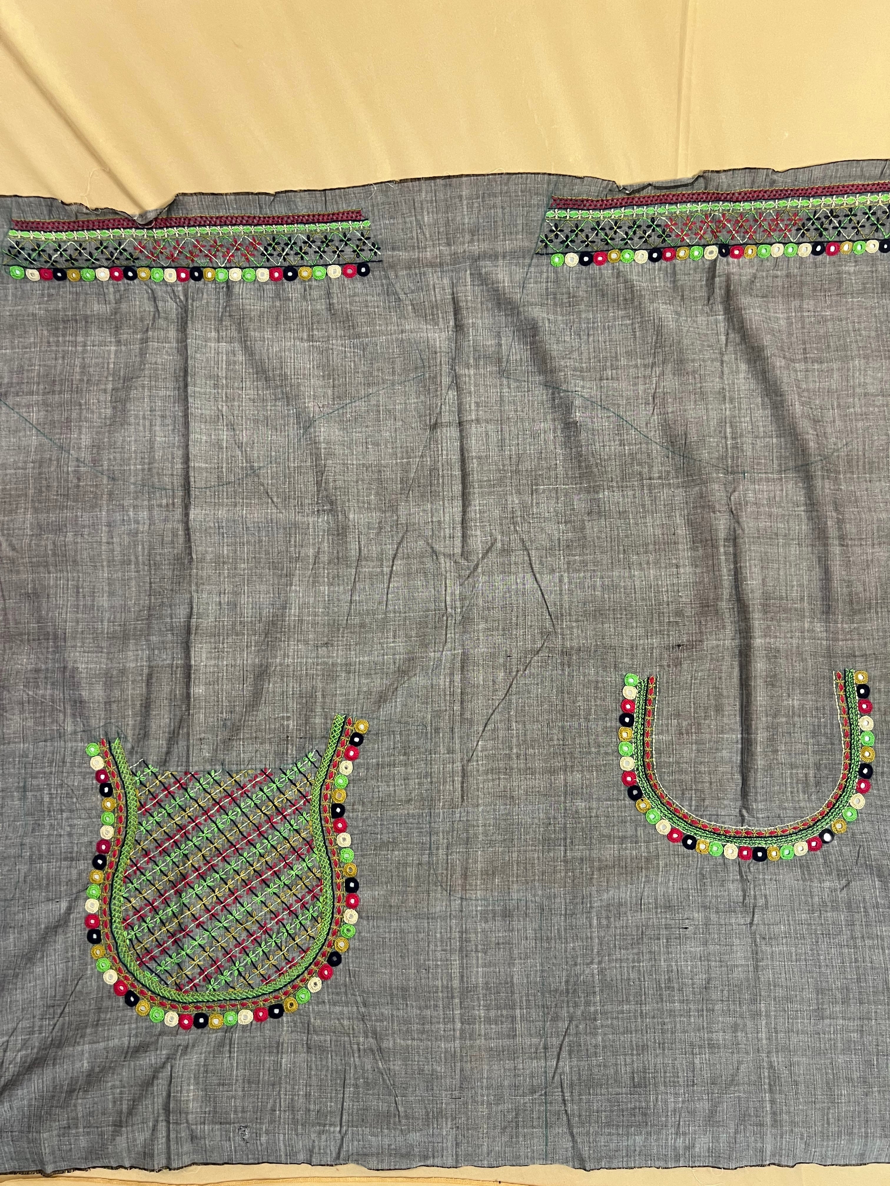 Grey Multicolor Geometric Design Handloom Mangalagiri Cotton Lambani Embroidered Blouse Piece (Unstitched)