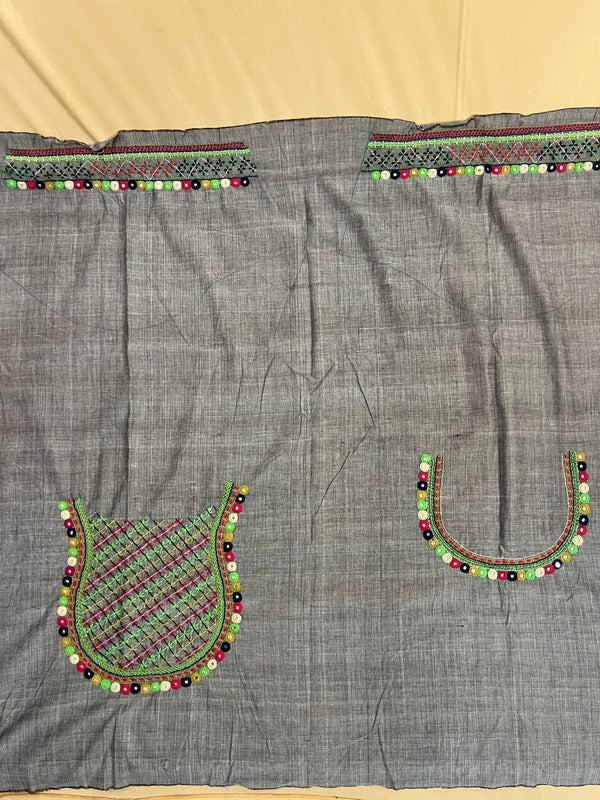 Grey Multicolor Geometric Design Handloom Mangalagiri Cotton Lambani Embroidered Blouse Piece (Unstitched)