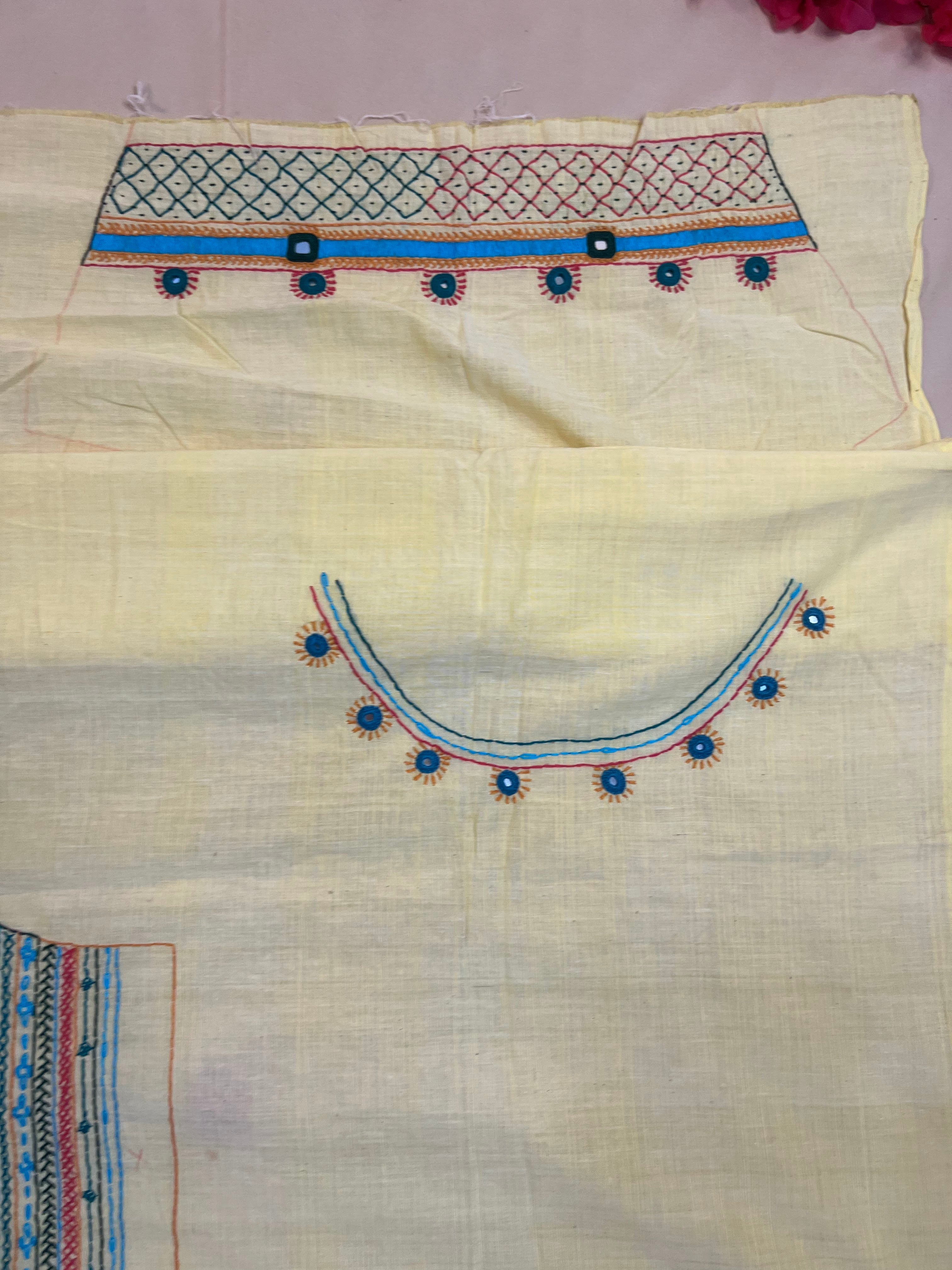 Off-White Multicolor Panel Design Handloom Mangalagiri Cotton Lambani Embroidered Blouse Piece (Unstitched)