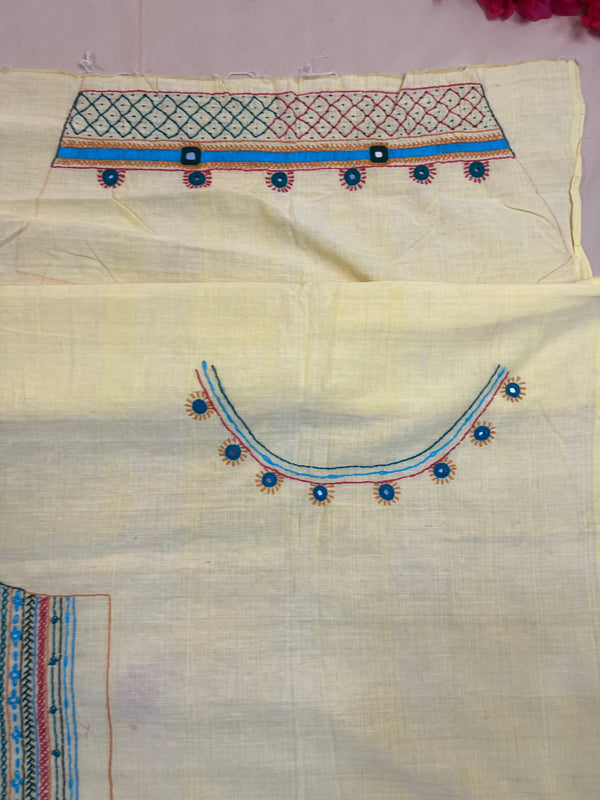 Off-White Multicolor Panel Design Handloom Mangalagiri Cotton Lambani Embroidered Blouse Piece (Unstitched)