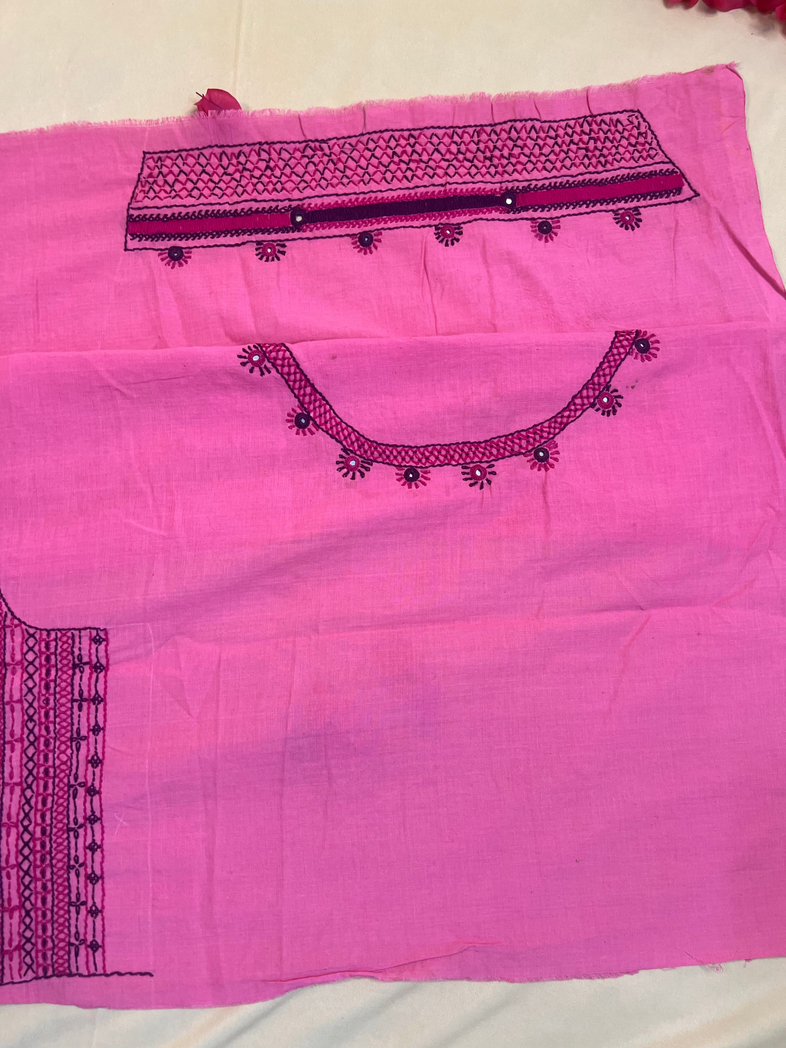 Pink Geometric Floral Design Handloom Mangalagiri Cotton Lambani Embroidered Blouse Piece (Unstitched)