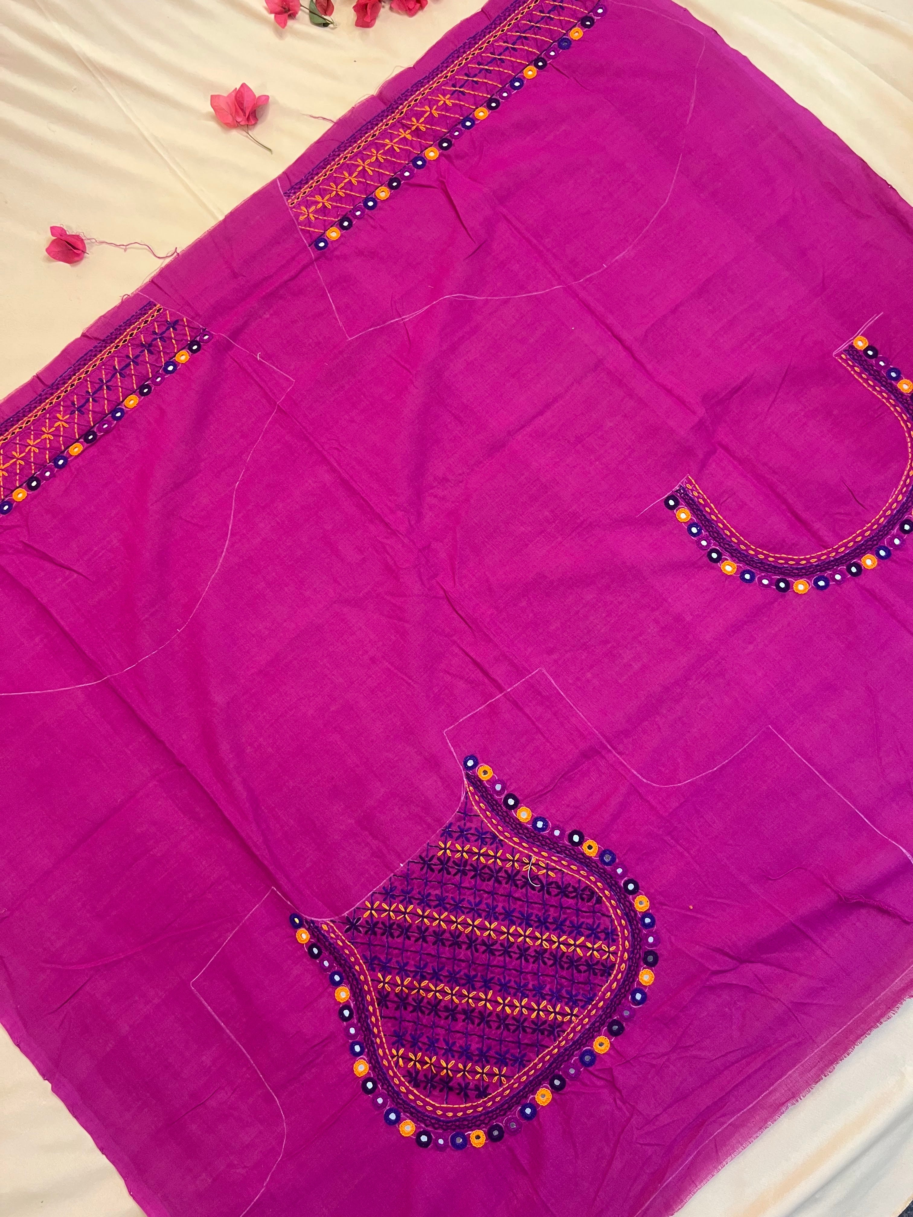 Rani Pink Contemporary Design Handloom Mangalagiri Cotton Lambani Embroidered Blouse Piece (Unstitched)