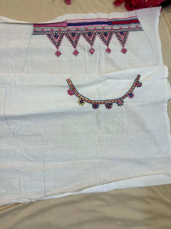 White Geometric Panel Design Handloom Mangalagiri Cotton Lambani Embroidered Blouse Piece (Unstitched)