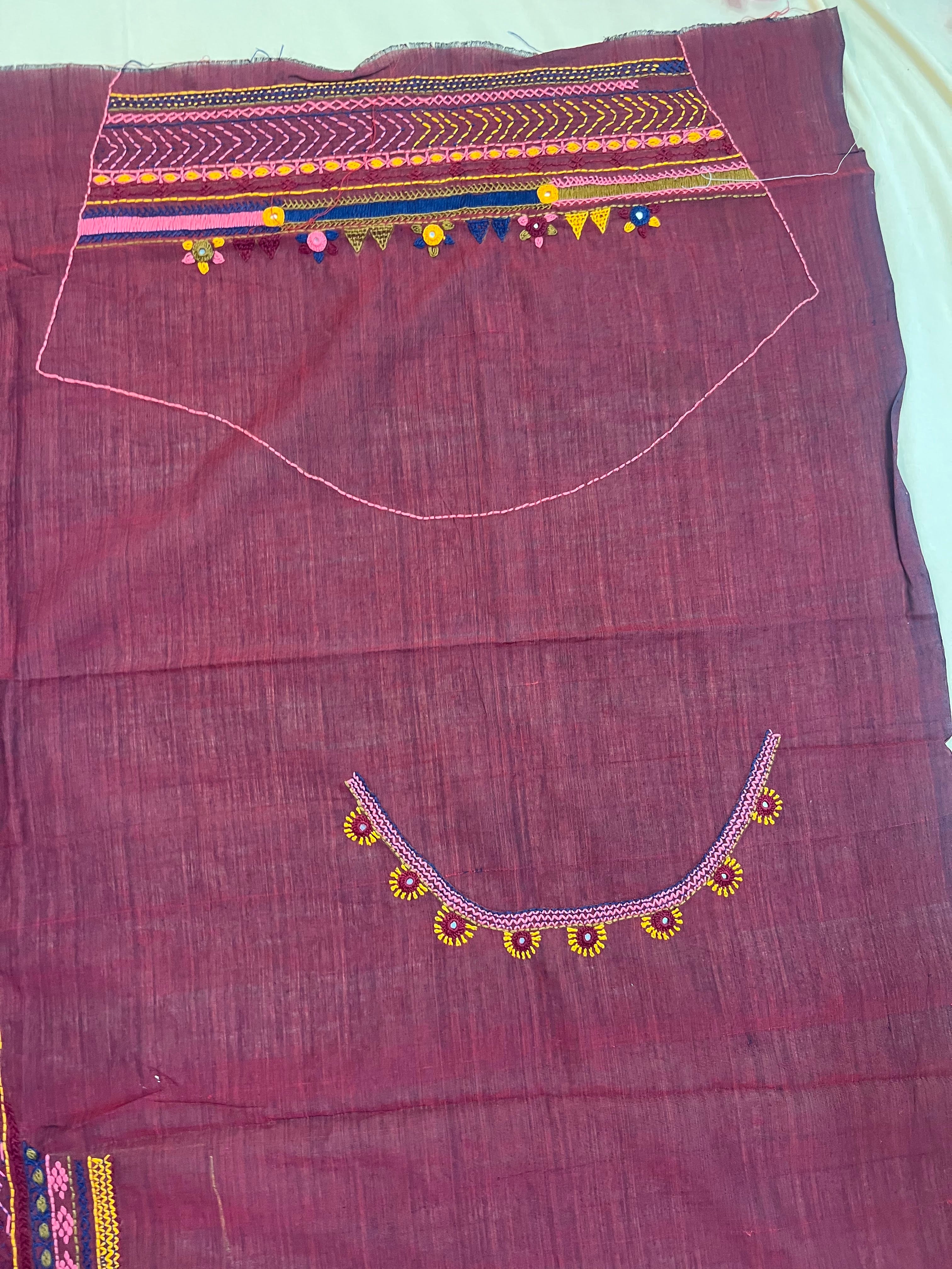 Wine Berry Elegant Design Handloom Mangalagiri Cotton Lambani Embroidered Blouse Piece (Unstitched)
