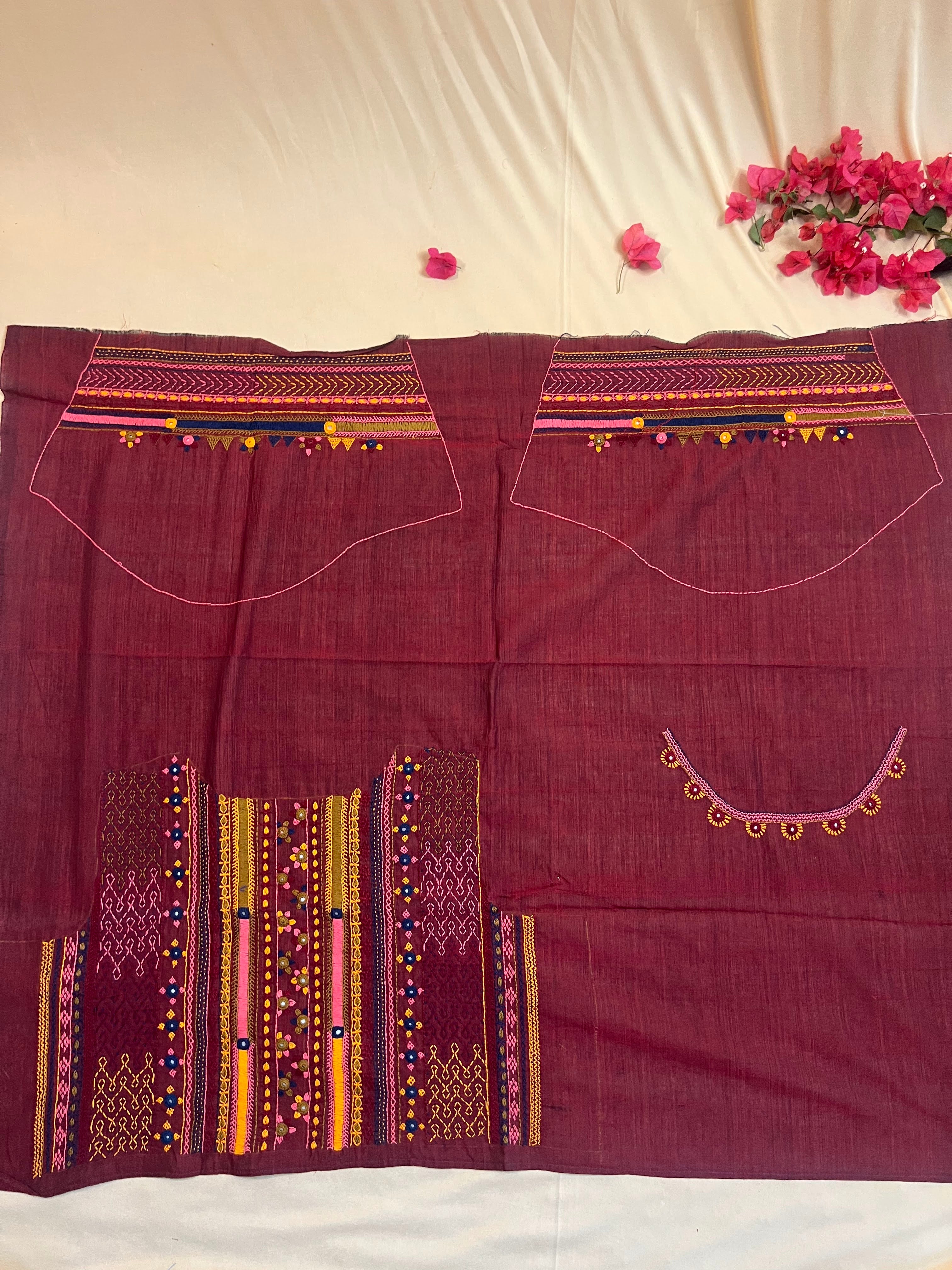 Wine Maroon Elegant Design Handloom Mangalagiri Cotton Lambani Embroidered Blouse Piece (Unstitched)