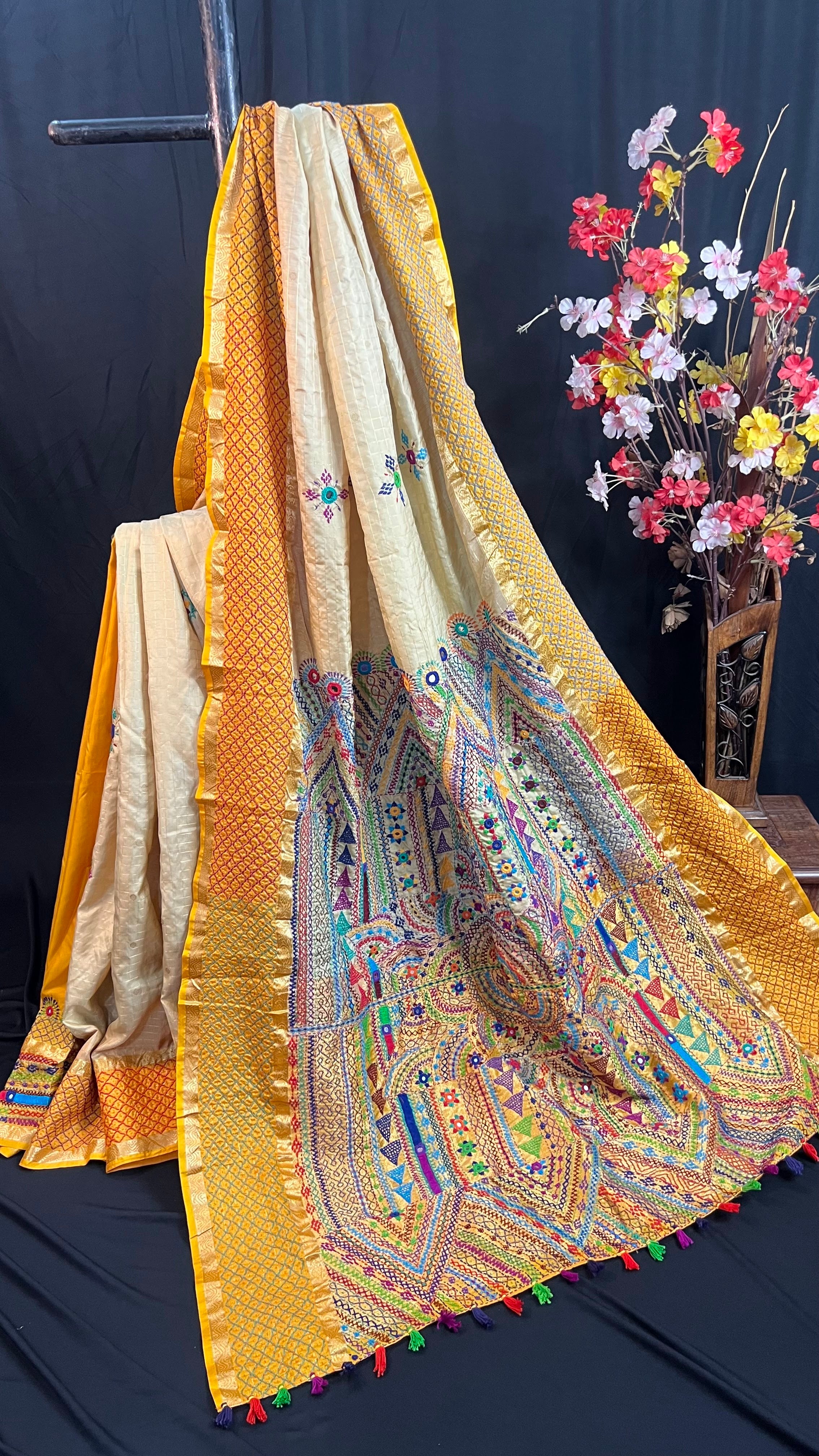 Ivory Cream & Mustard Gold with Multicolor Embroidered Pallu Molakalmuru Silk Lambani Saree
