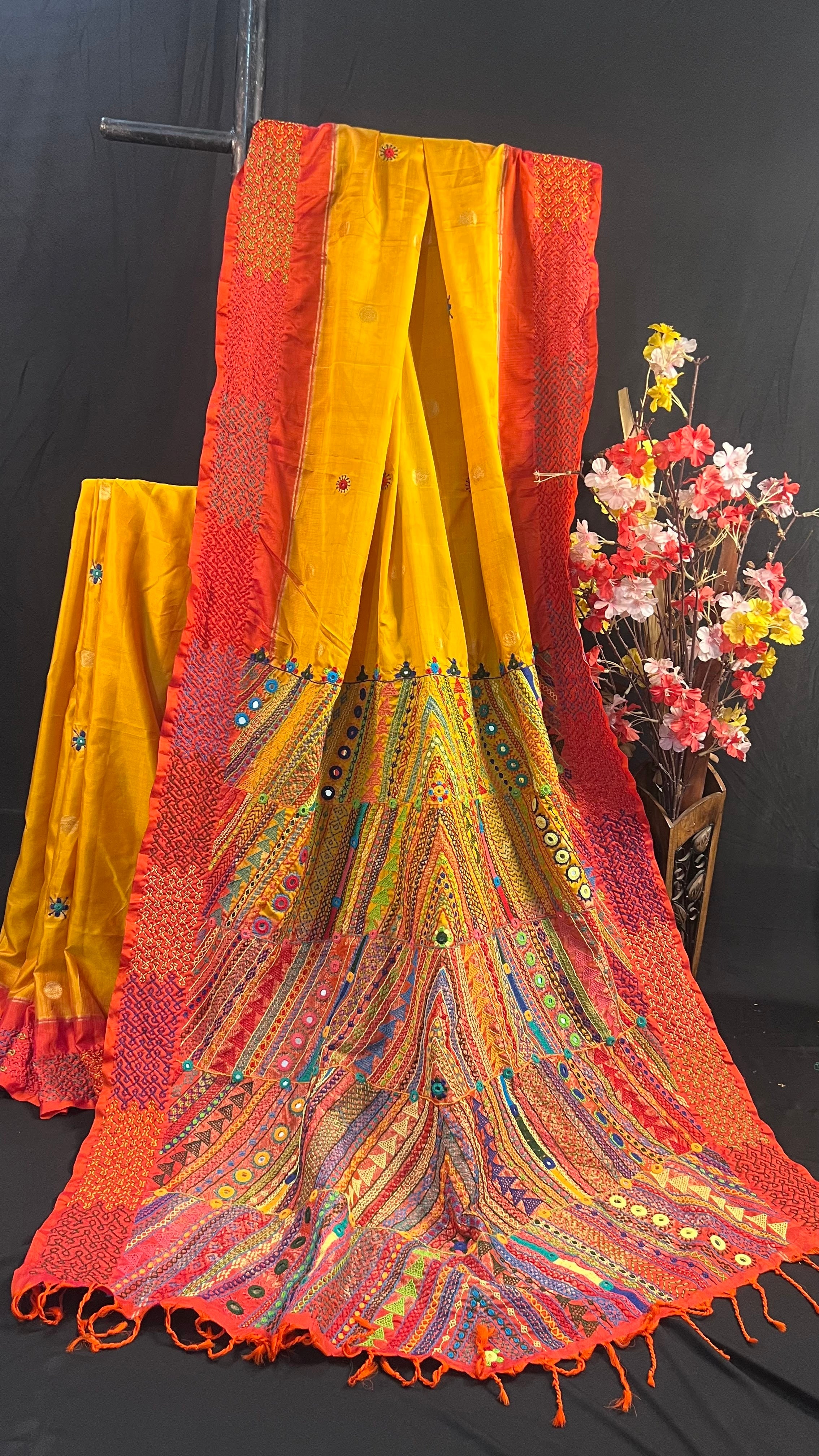 Mustard Yellow & Burnt Orange Embroidered Saree Molakalmuru Silk Lambani Saree
