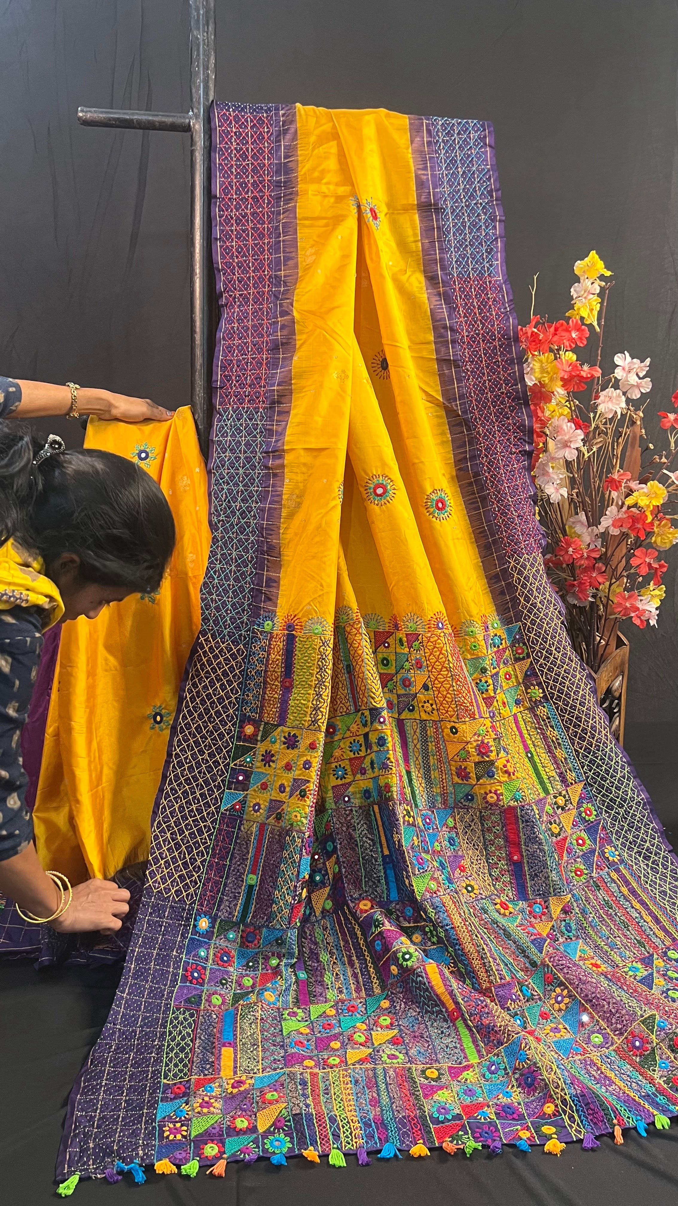 Mustard Yellow & Royal Purple Heavy Embroidered Saree Molakalmuru Silk Lambani Saree