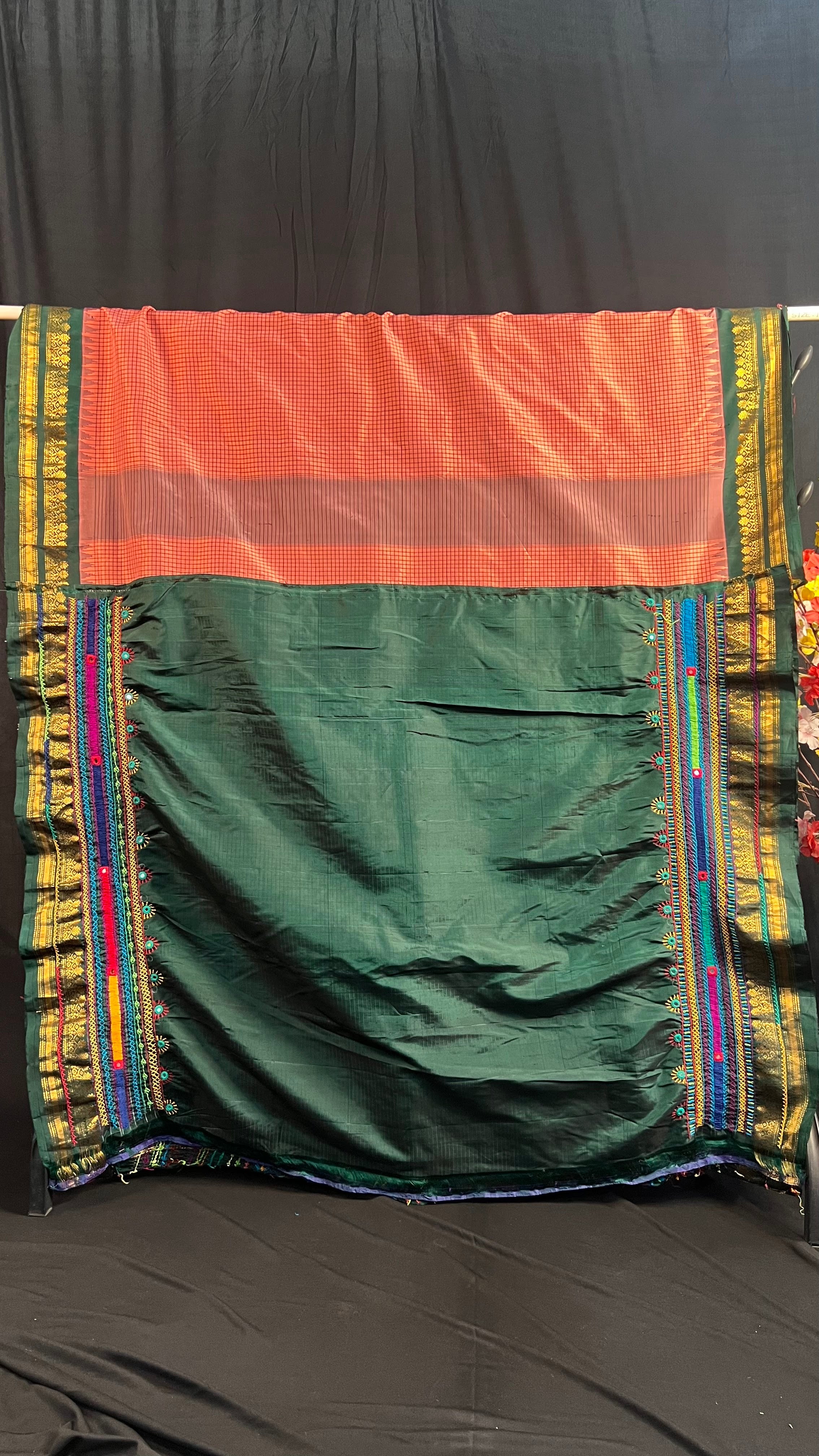 Peach Pink & Deep Green Heavy Embroidered Saree Molakalmuru Silk Lambani Saree