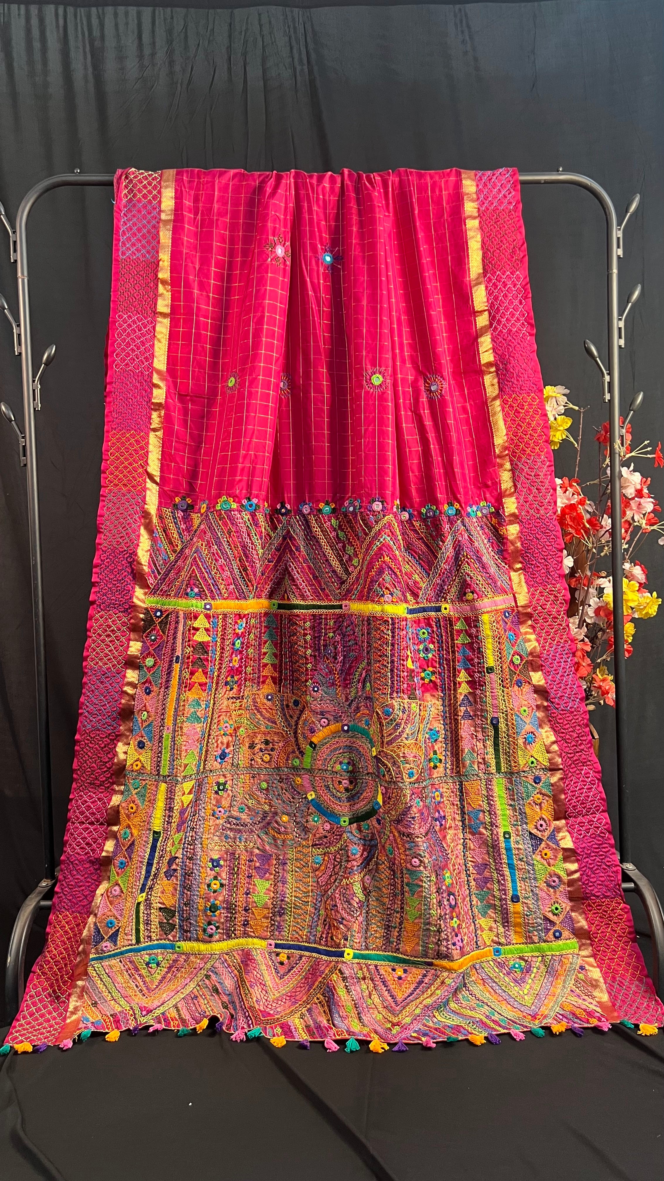 Rani Pink with Multicolor Embroidered Pallu Molakalmuru Silk Lambani Saree