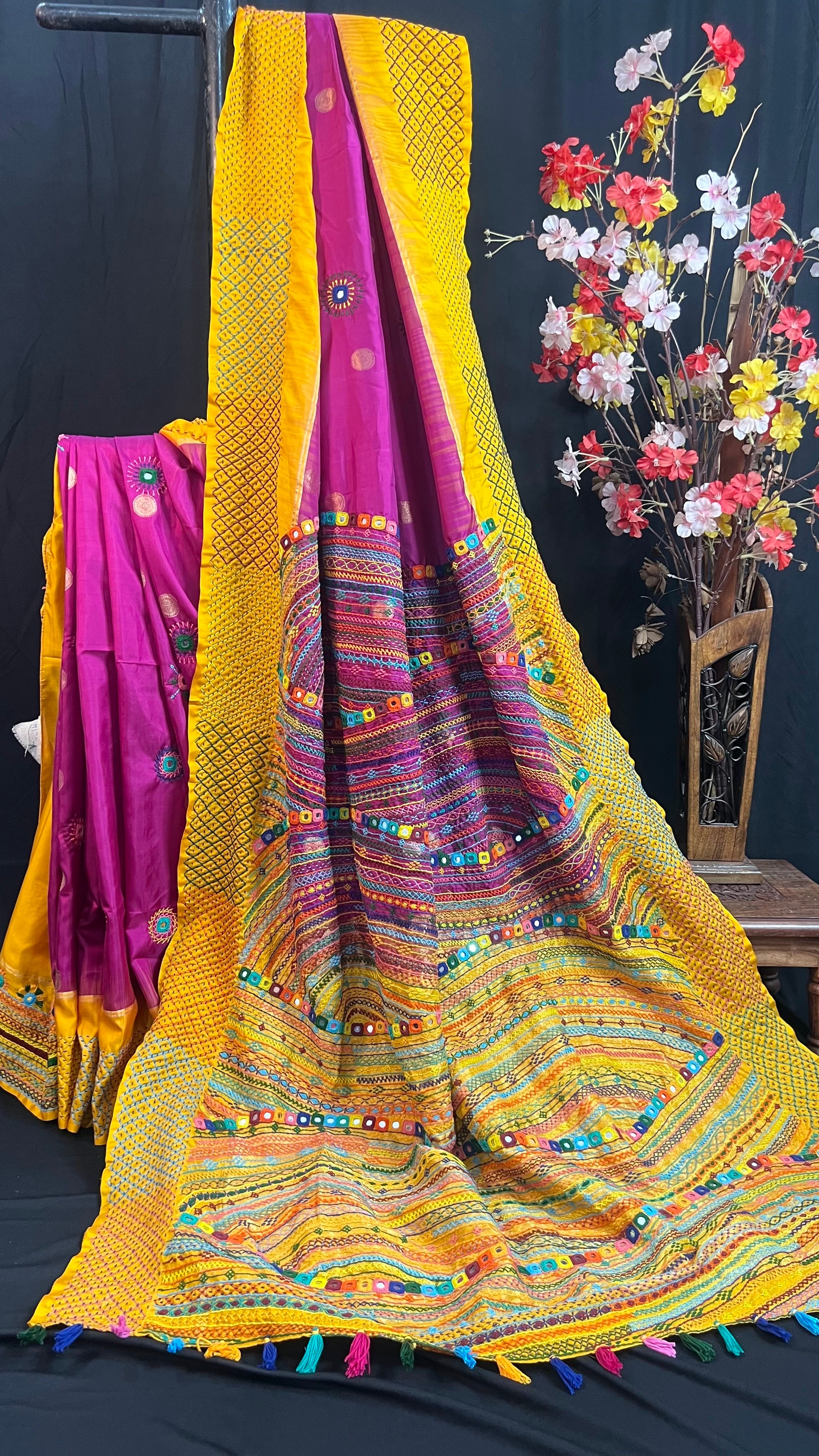 Royal Magenta & Mustard Yellow Molakalmuru Silk Lambani Saree