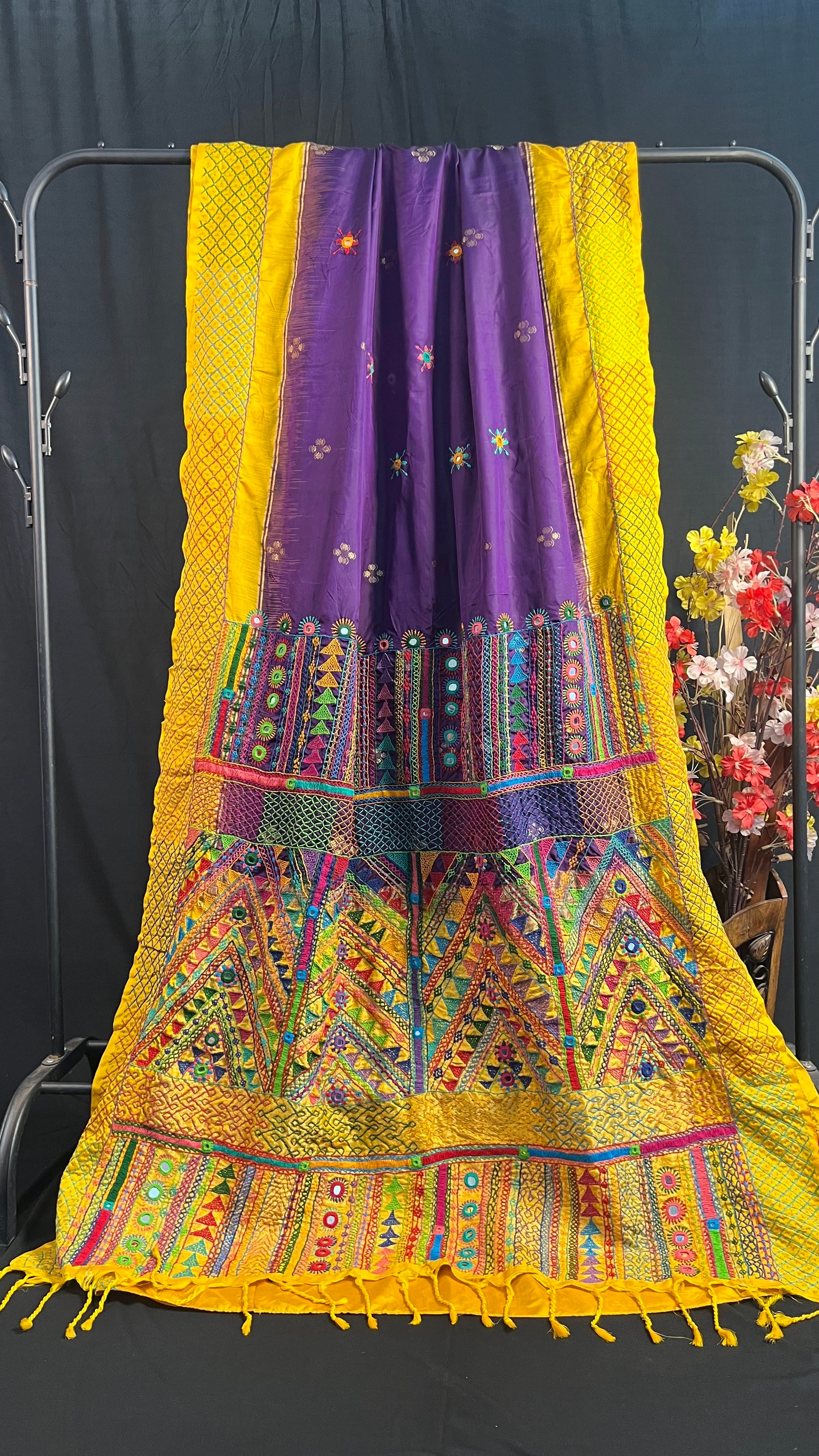 Royal Purple & Mustard Yellow Embroidered Saree Molakalmuru Silk Lambani Saree