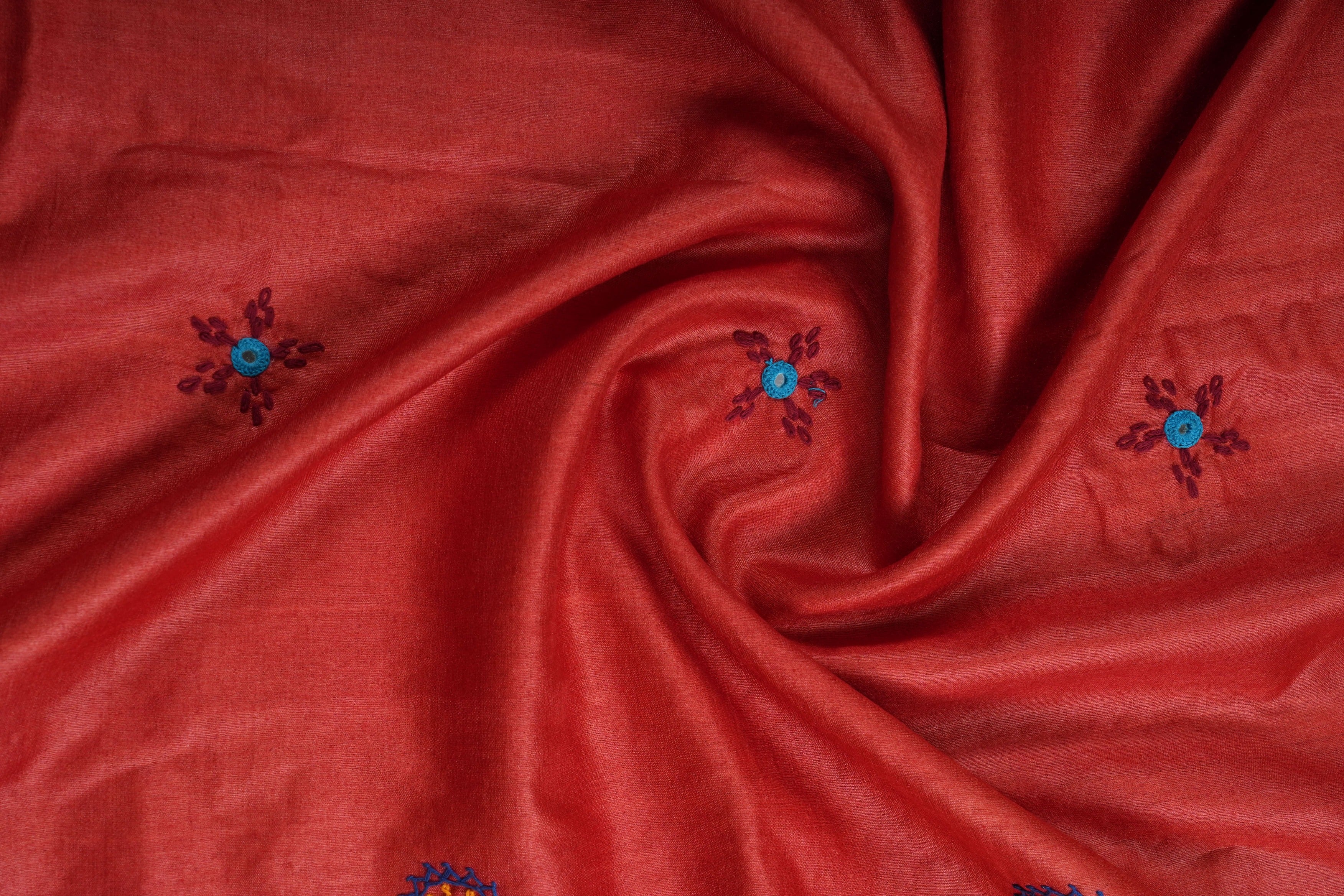 Rust Orange Tusser Silk Lambani Saree with Multicolor Embroidered Pallu