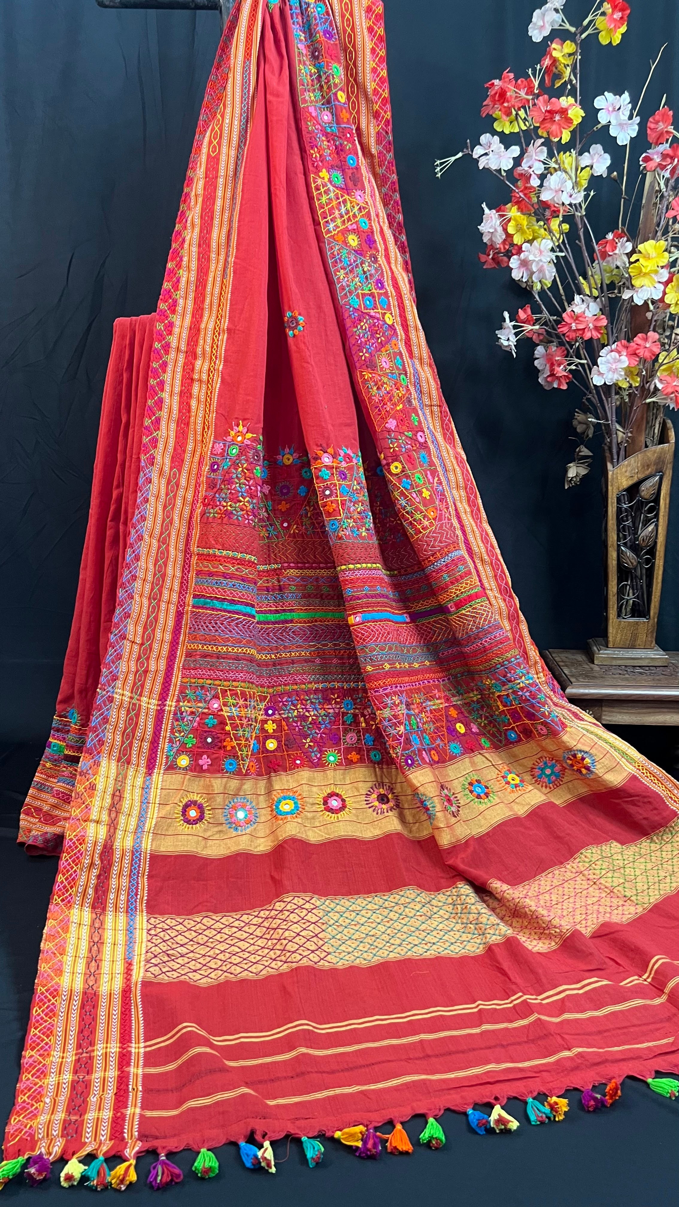 Rustic Maroon with Multicolor Hand Embroidered Border Ilkal Cotton Lambani Saree