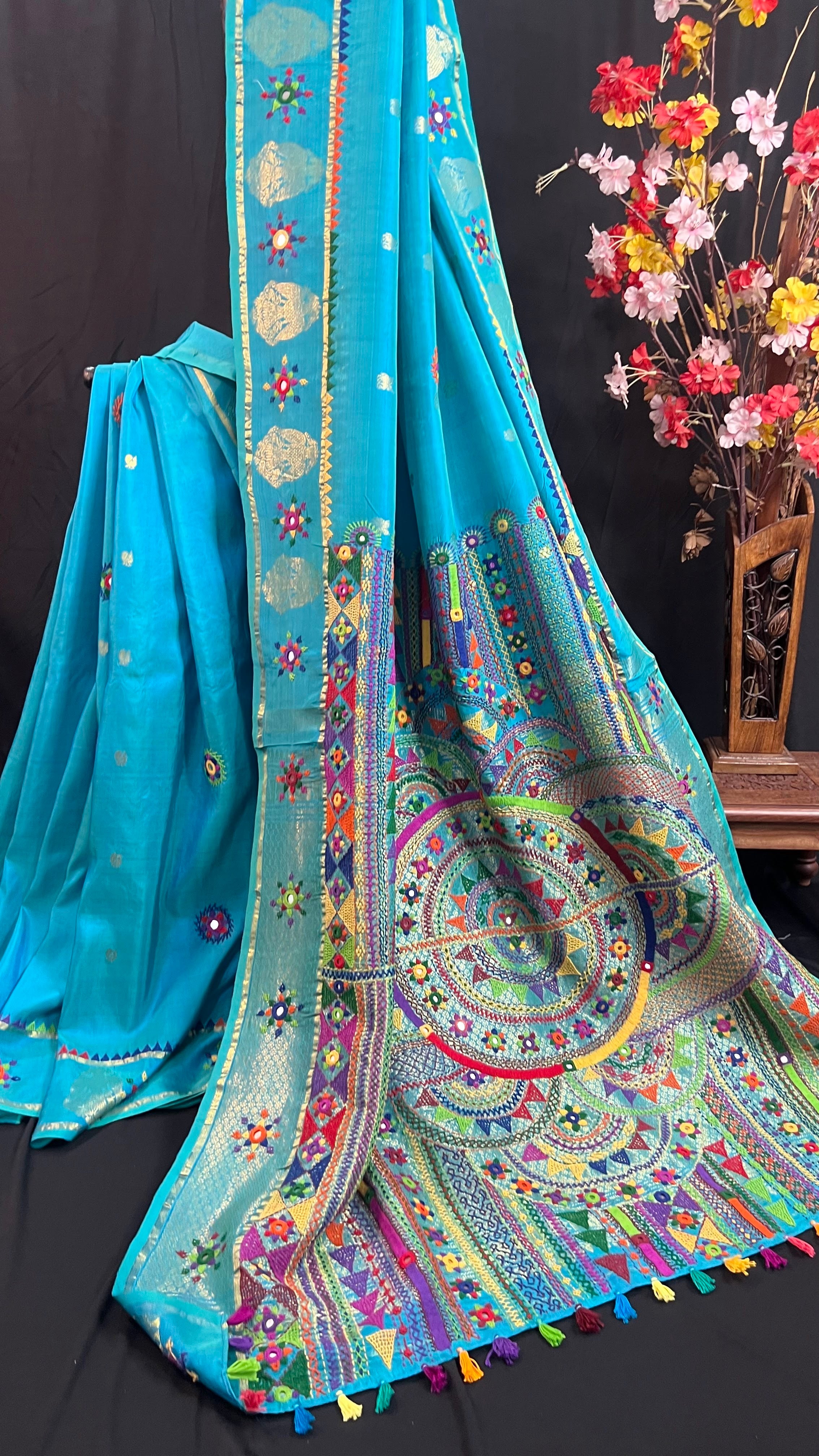 Sky Blue with Multicolor Embroidered Pallu Molakalmuru Silk Lambani Saree