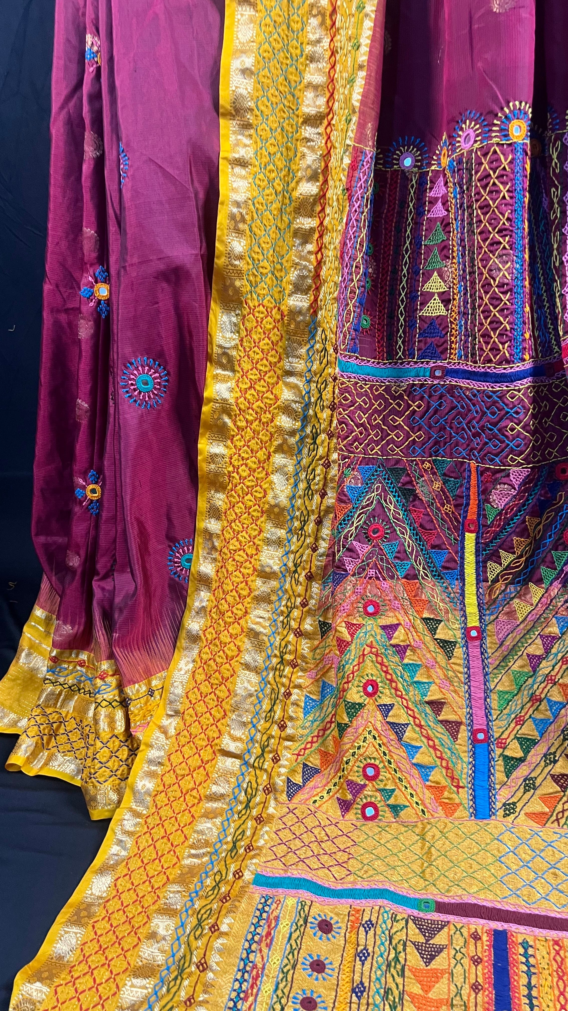 Wine Purple & Mustard Yellow Embroidered Saree Molakalmuru Silk Lambani Saree
