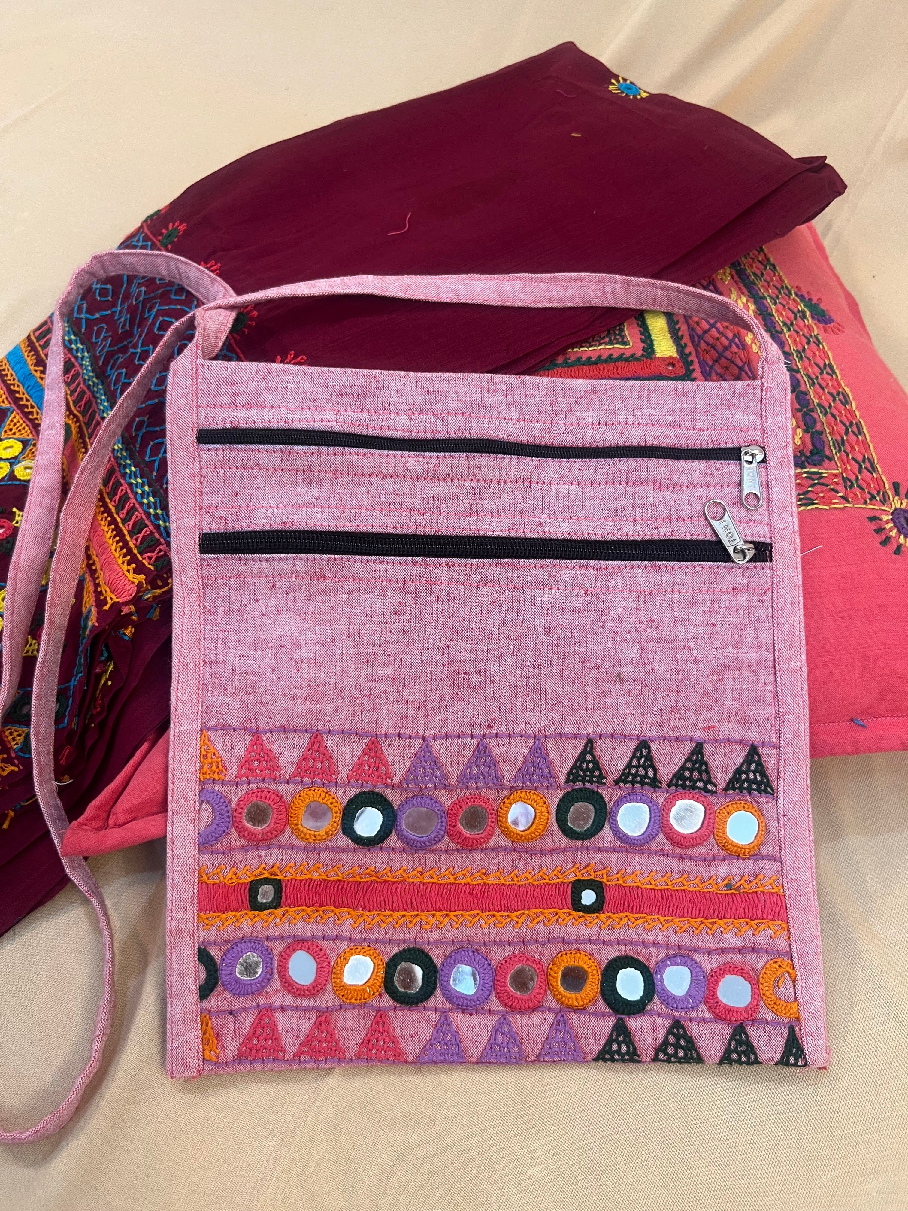 Soft Pink Handloom Cotton Sling Bag with Lambani Embroidery