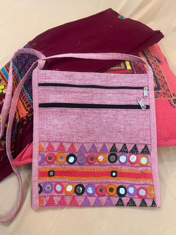 Soft Pink Handloom Cotton Sling Bag with Lambani Embroidery