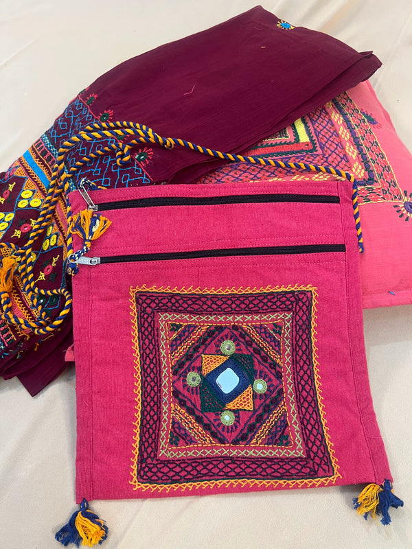 Deep Pink Handloom Cotton Sling Bag with Heritage Lambani Embroidery