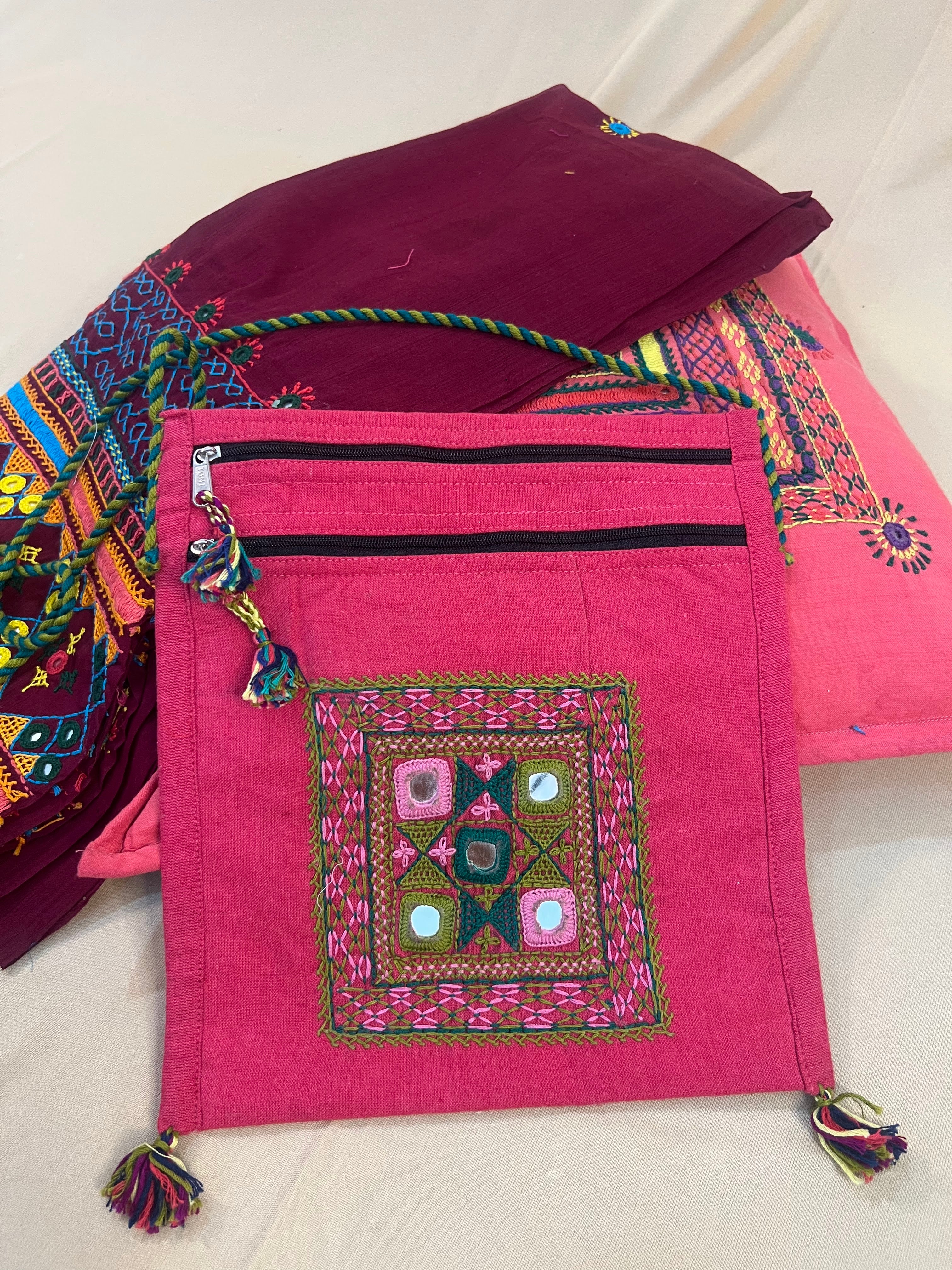 Bright Pink Handloom Cotton Sling Bag with Heritage Lambani Embroidery